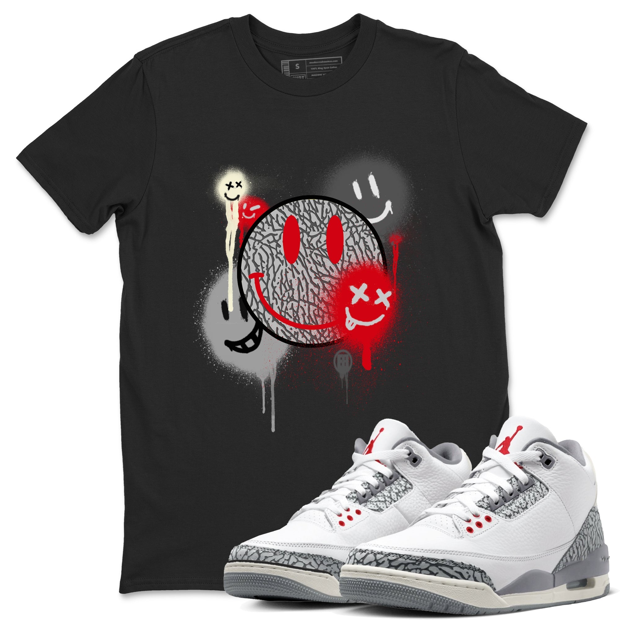 3s Cement Grey shirts to match jordans Smile Painting sneaker match tees Air Jordan 3 Cement Grey Drip Gear Zone streetwear brand Black 1 unisex cotton tee