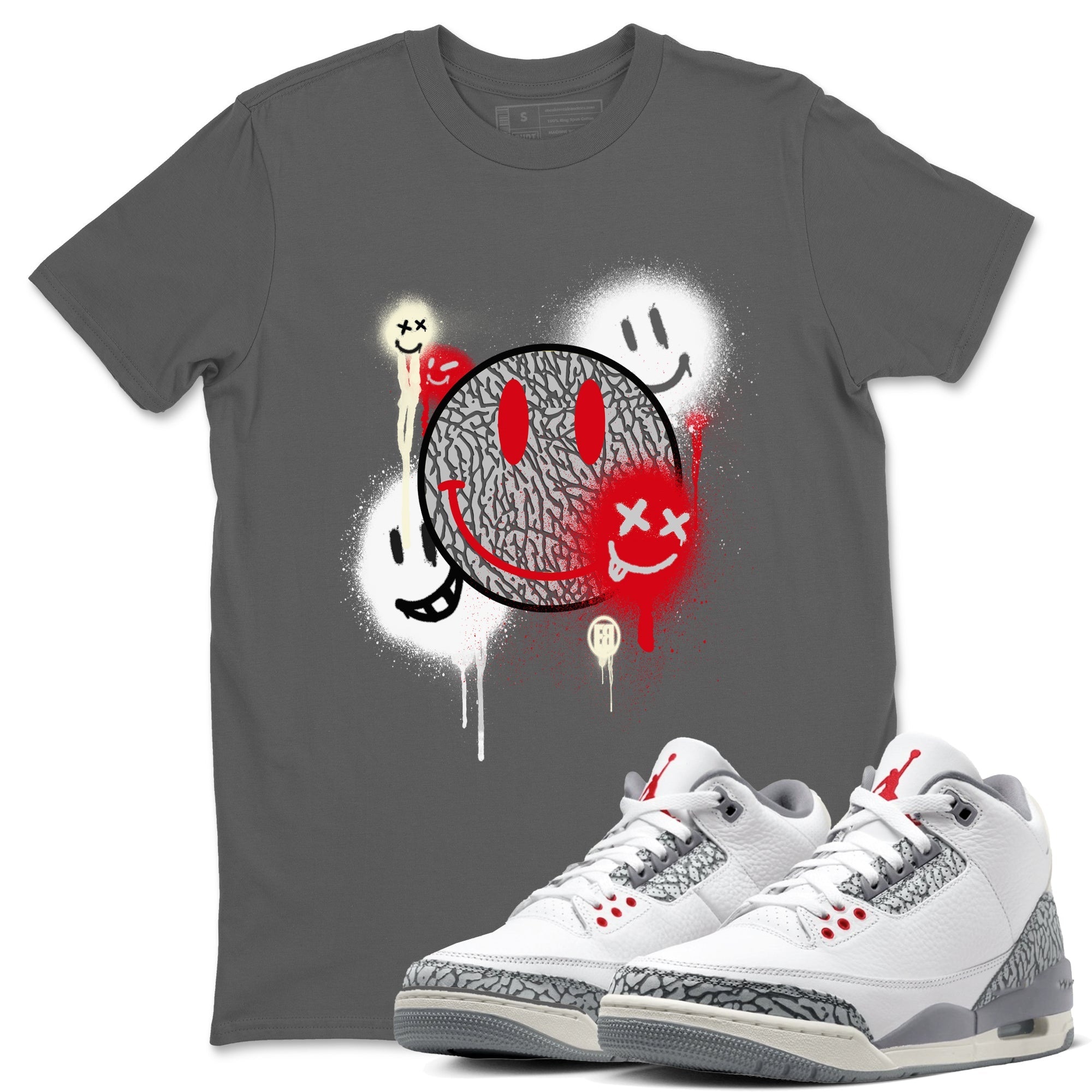 3s Cement Grey shirts to match jordans Smile Painting sneaker match tees Air Jordan 3 Cement Grey Drip Gear Zone streetwear brand Cool Grey 1 unisex cotton tee