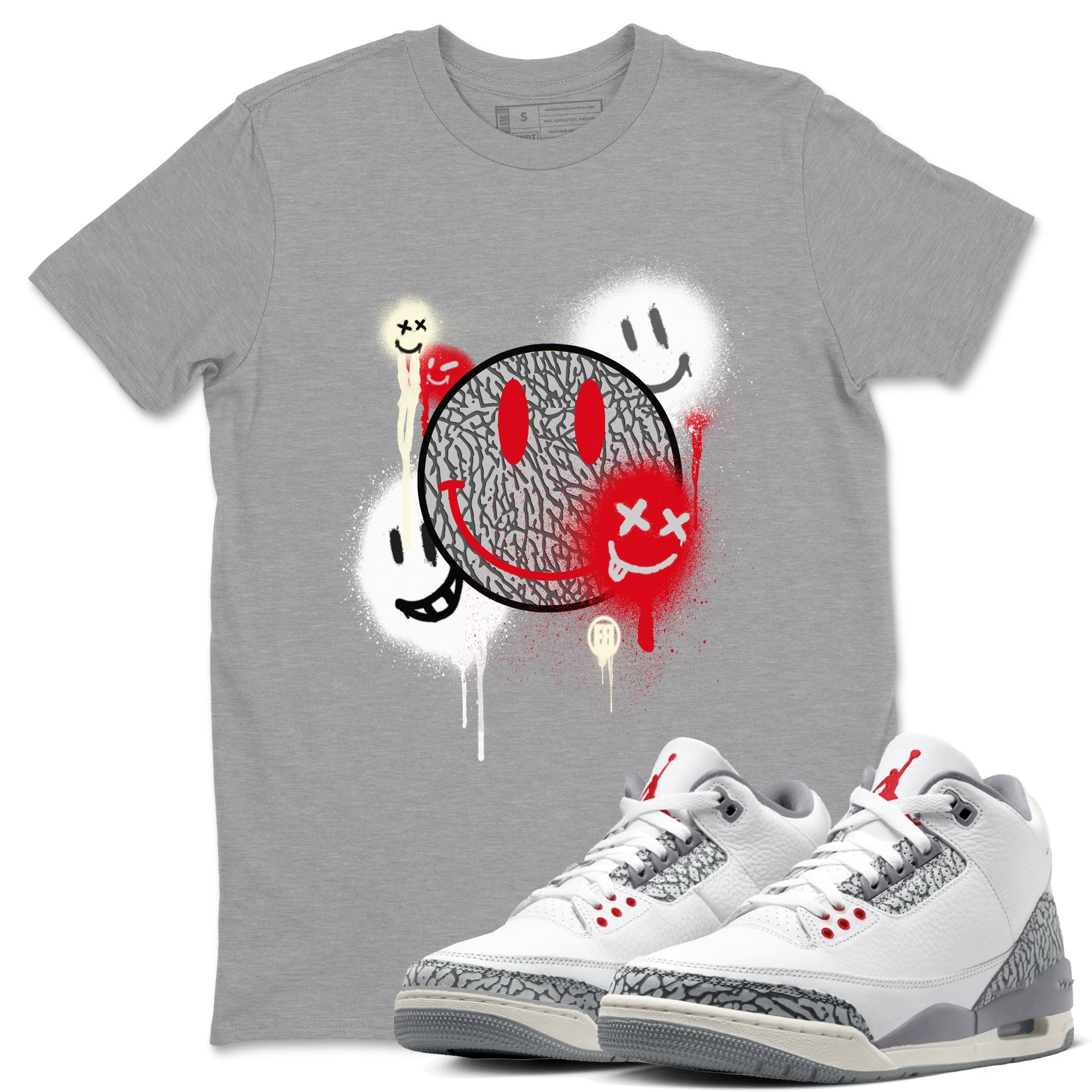 3s Cement Grey shirts to match jordans Smile Painting sneaker match tees Air Jordan 3 Cement Grey Drip Gear Zone streetwear brand Heather Grey 1 unisex cotton tee