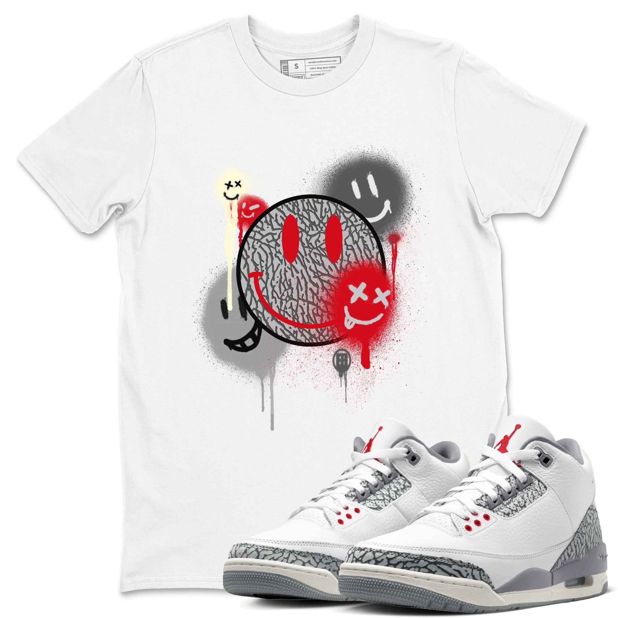 3s Cement Grey shirts to match jordans Smile Painting sneaker match tees Air Jordan 3 Cement Grey Drip Gear Zone streetwear brand White 1 unisex cotton tee