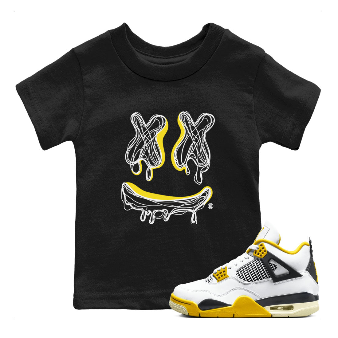 Air Jordan 4 Retro Vivid Sulfur shirt to match jordans Smiley Doodle sneaker tees 4s Vivid Sulfur Drip Gear Zone baby toddler Black 1 cotton Shirt