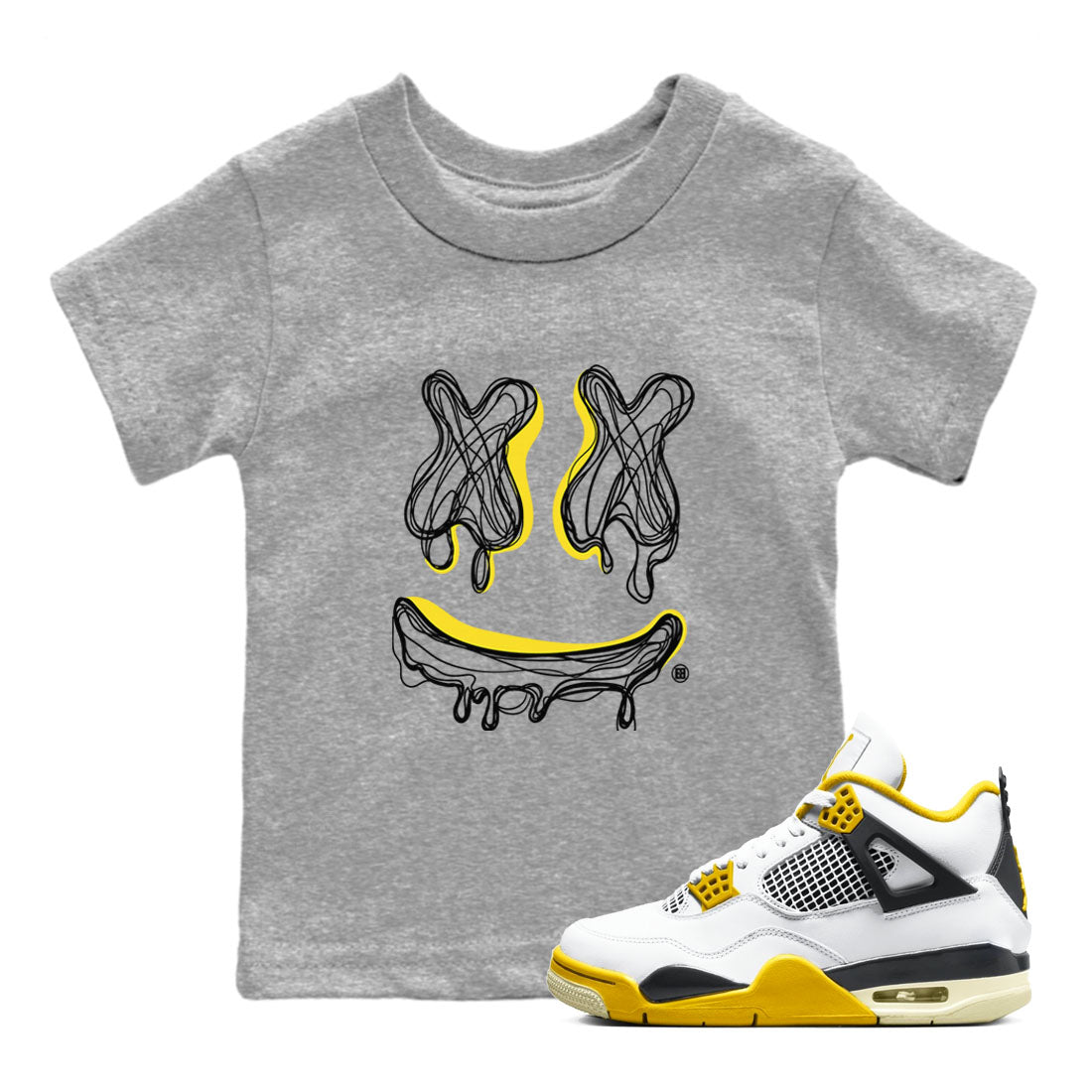 Air Jordan 4 Retro Vivid Sulfur shirt to match jordans Smiley Doodle sneaker tees 4s Vivid Sulfur Drip Gear Zone baby toddler Heather Grey 1 cotton Shirt