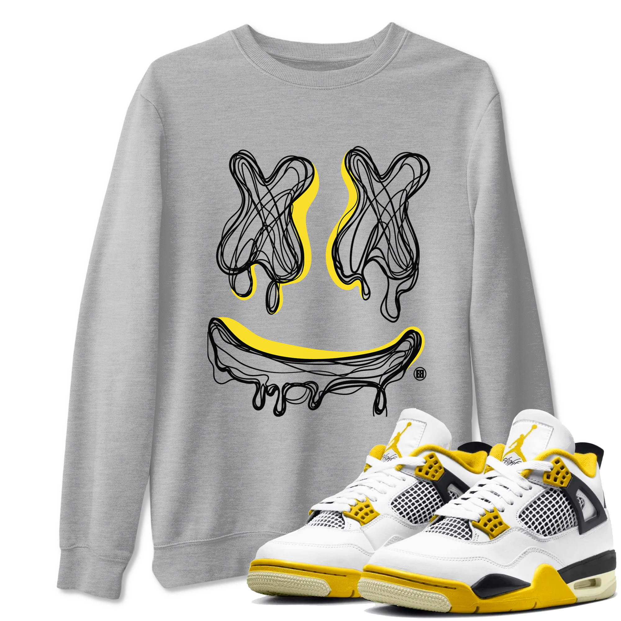 Air Jordan 4 Retro Vivid Sulfur shirt to match jordans Smiley Doodle sneaker tees 4s Vivid Sulfur Drip Gear Zone unisex cotton Heather Grey 1 crew neck shirt