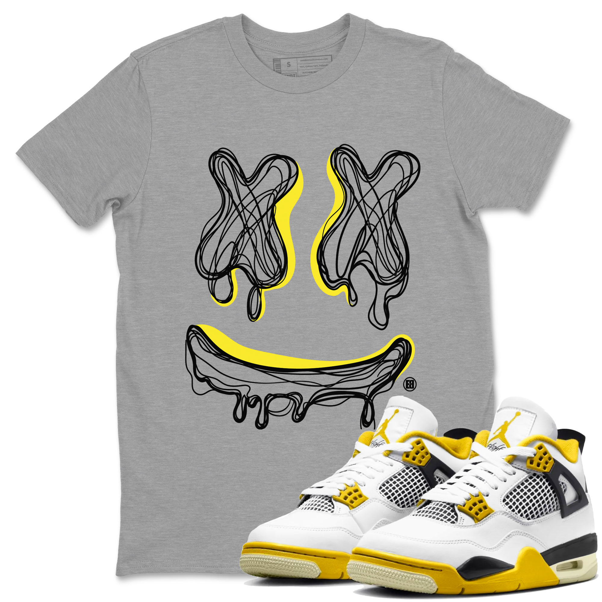 Air Jordan 4 Retro Vivid Sulfur shirt to match jordans Smiley Doodle sneaker tees 4s Vivid Sulfur Drip Gear Zone unisex cotton Heather Grey 1 crew neck shirt