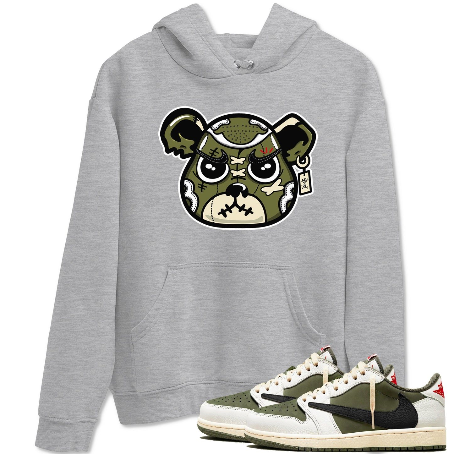 1s Travis Scott Medium Olive shirts to match jordans Sneaker Bear Face sneaker match tees Air Jordan 1 Travis Scott Medium Olive match shoes to clothes Drip Gear Zone unisex cotton Heather Grey 1 shirts