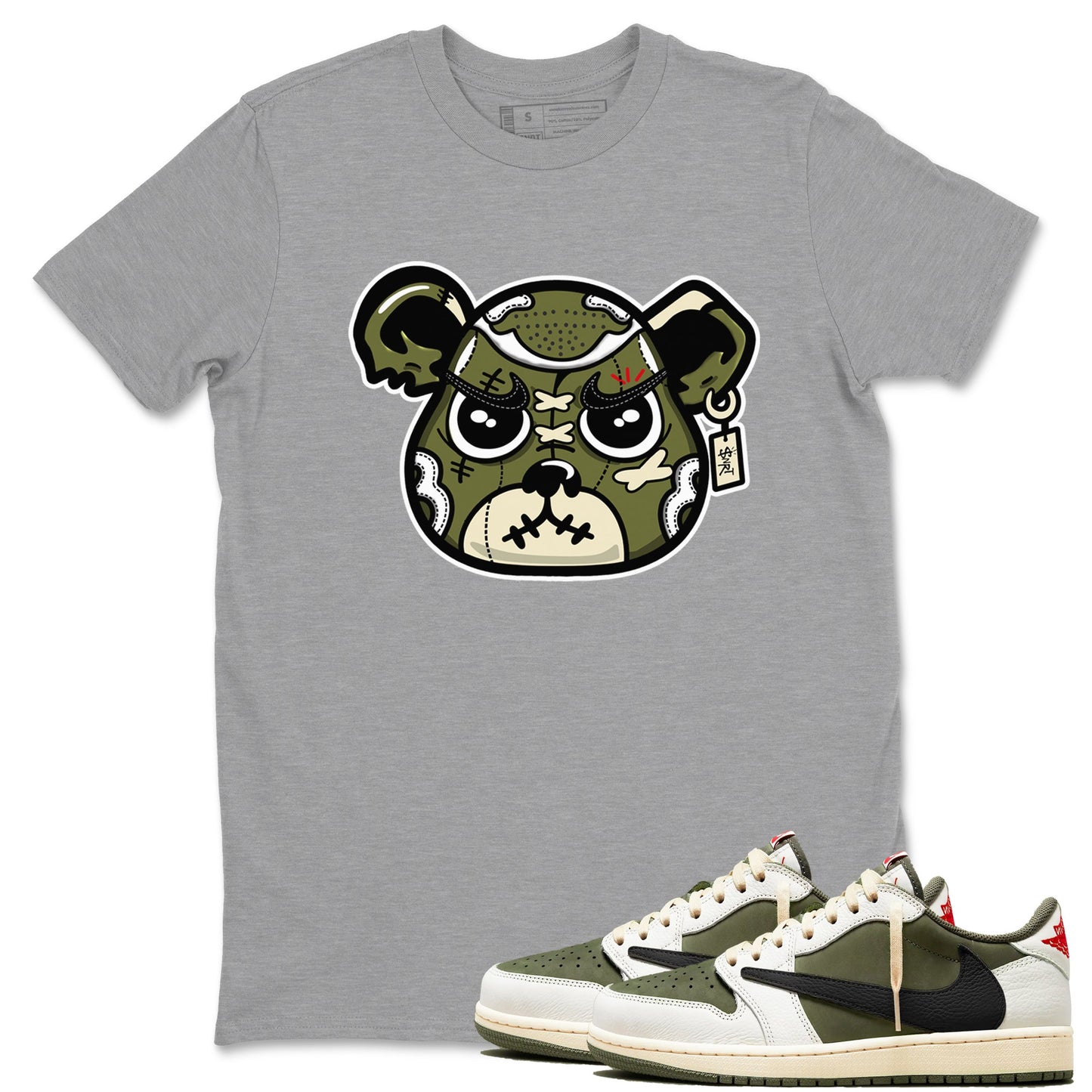 1s Travis Scott Medium Olive shirts to match jordans Sneaker Bear Face sneaker match tees Air Jordan 1 Travis Scott Medium Olive match shoes to clothes Drip Gear Zone unisex cotton Heather Grey 1 shirts