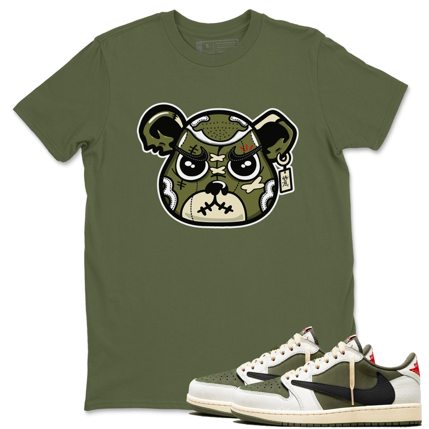 1s Travis Scott Medium Olive shirts to match jordans Sneaker Bear Face sneaker match tees Air Jordan 1 Travis Scott Medium Olive match shoes to clothes Drip Gear Zone unisex cotton Military Green 1 shirts