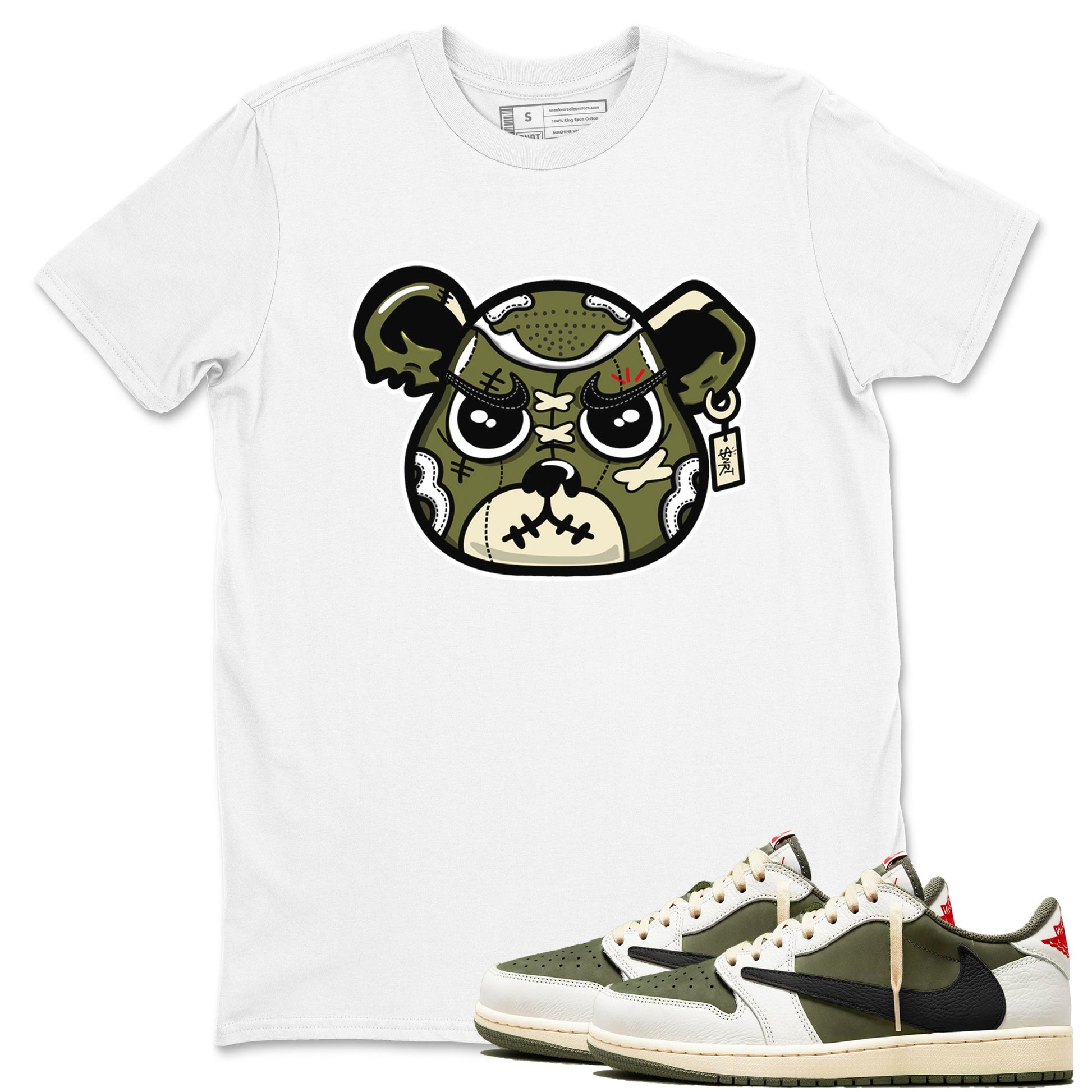 1s Travis Scott Medium Olive shirts to match jordans Sneaker Bear Face sneaker match tees Air Jordan 1 Travis Scott Medium Olive match shoes to clothes Drip Gear Zone unisex cotton White 1 shirts