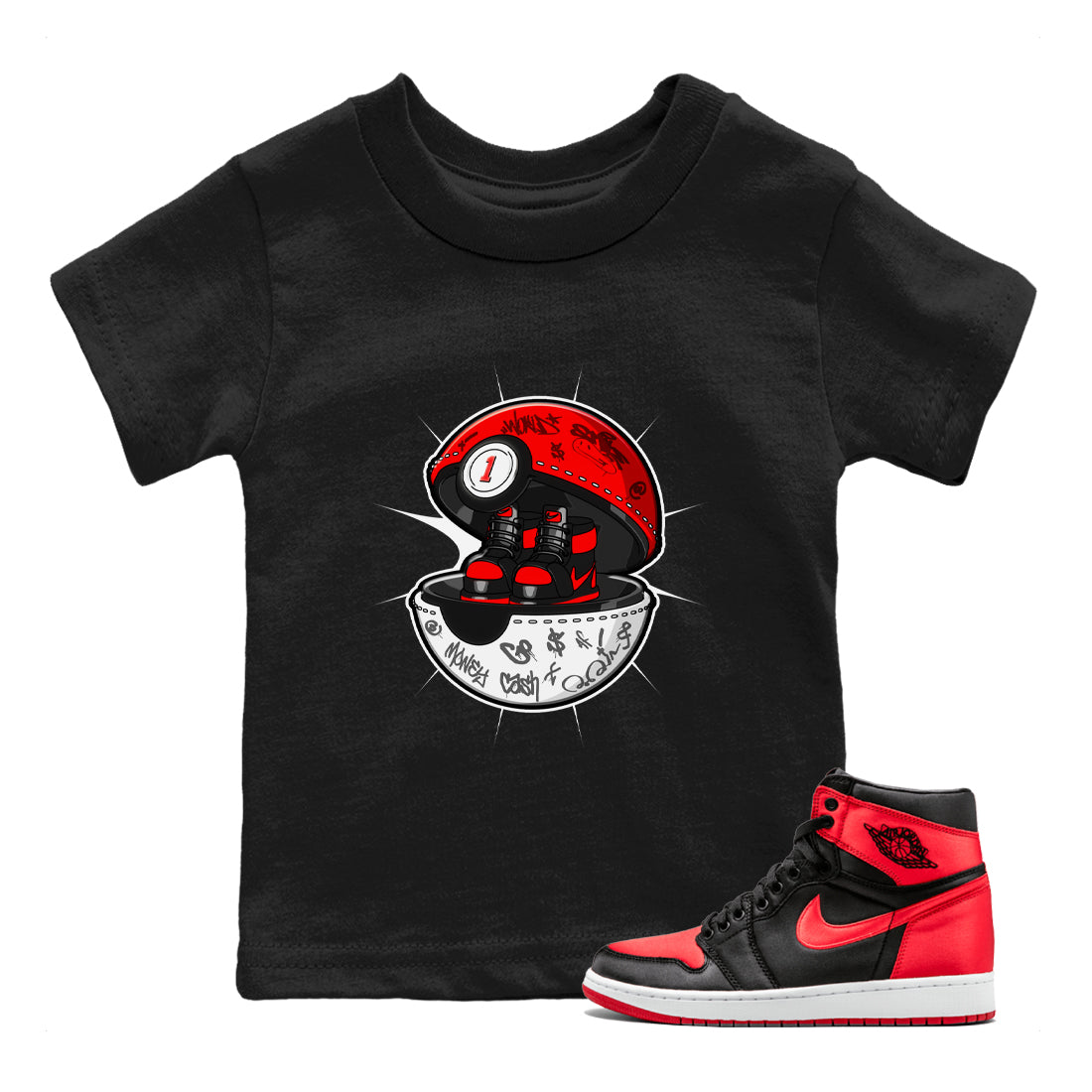 Air Jordan 1 Satin Bred shirt to match jordans Sneaker Capsule sneaker tees AJ1 Satin Bred Drip Gear Zone Baby Toddler Black 1 T-Shirt