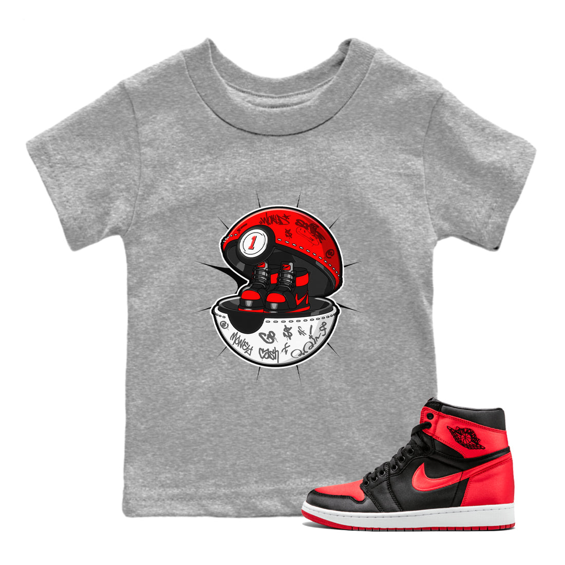 Air Jordan 1 Satin Bred shirt to match jordans Sneaker Capsule sneaker tees AJ1 Satin Bred Drip Gear Zone Baby Toddler Heather Grey 1 T-Shirt