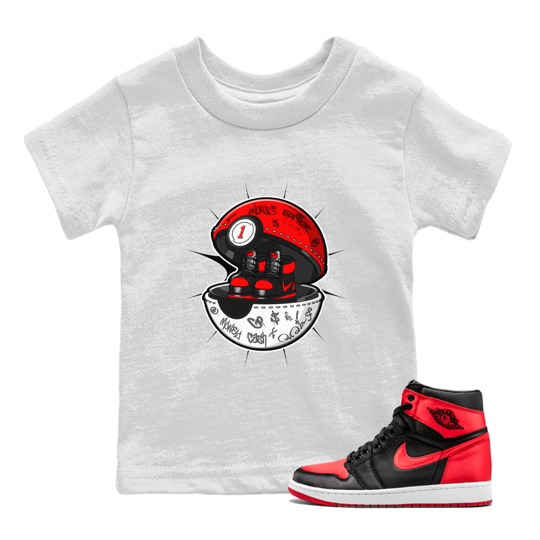 Air Jordan 1 Satin Bred shirt to match jordans Sneaker Capsule sneaker tees AJ1 Satin Bred Drip Gear Zone Baby Toddler White 1 T-Shirt