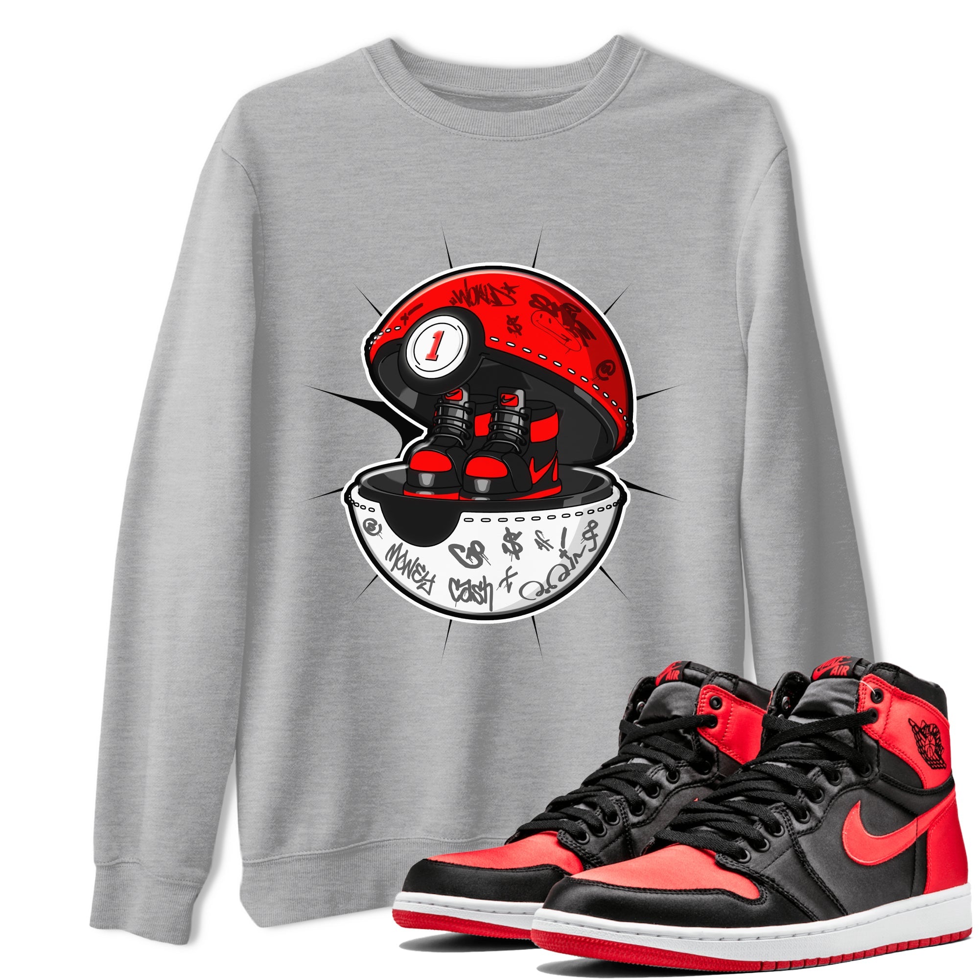 Air Jordan 1 Satin Bred shirt to match jordans Sneaker Capsule sneaker tees AJ1 Satin Bred Drip Gear Zone Unisex Heather Grey 1 T-Shirt