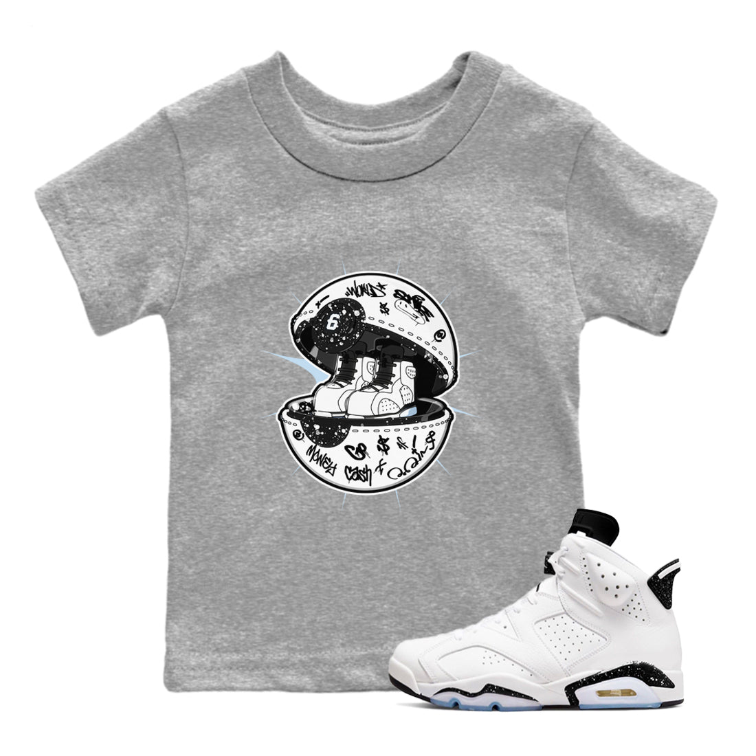 AJ6 White Black shirts to match jordans Sneaker Capsule sneaker match tees Air Jordan 6 White Black Drip Gear Zone streetwear brand Baby and Youth Heather Grey 1 cotton tee