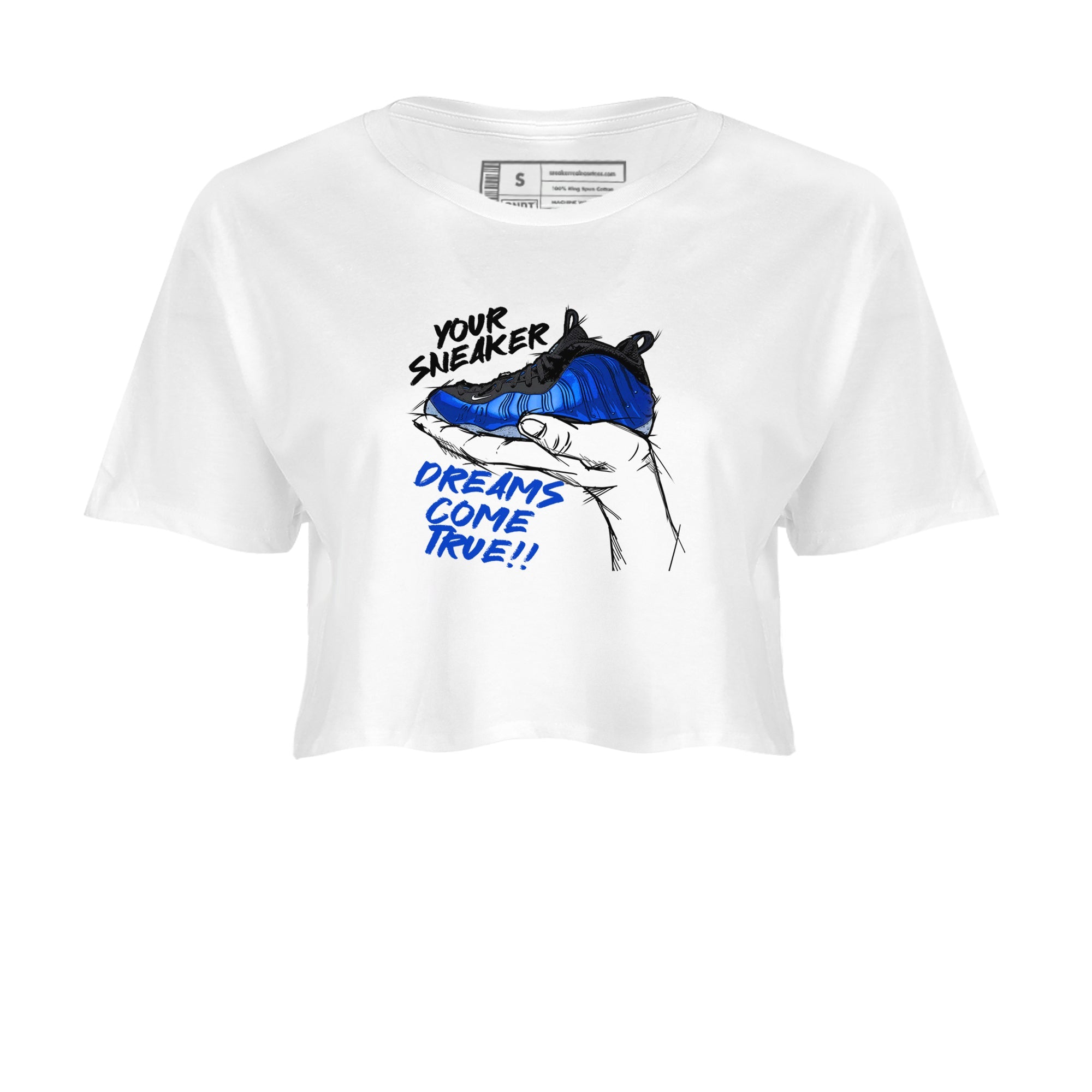 Foams One Royal shirts to match jordans Sneaker Dreams sneaker match tees Air Foamposite One Royal match shoes to clothes Drip Gear Zone unisex cotton White 2 crop tee