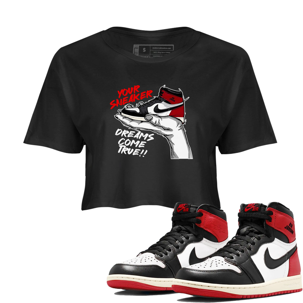 1s Black Toe Reimagined shirts to match jordans Sneaker Dreams sneaker match tees Air Jordan 1 High OG Black Toe Reimagined match shoes to clothes Drip Gear Zone unisex cotton Black 1 crop tee