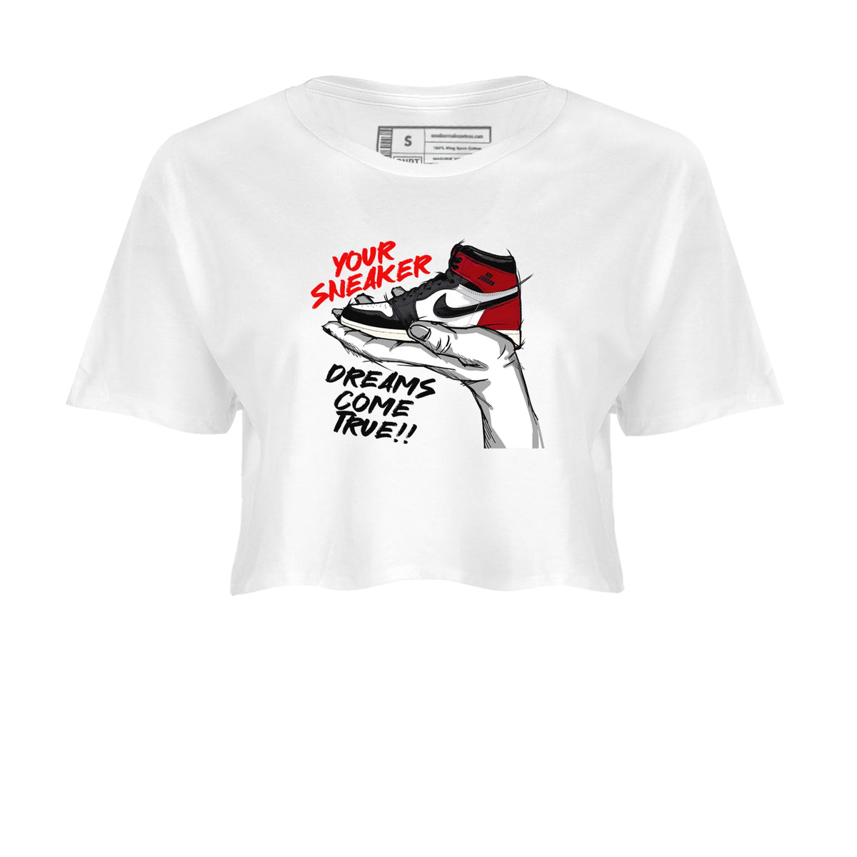 1s Black Toe Reimagined shirts to match jordans Sneaker Dreams sneaker match tees Air Jordan 1 High OG Black Toe Reimagined match shoes to clothes Drip Gear Zone unisex cotton White 2 crop tee