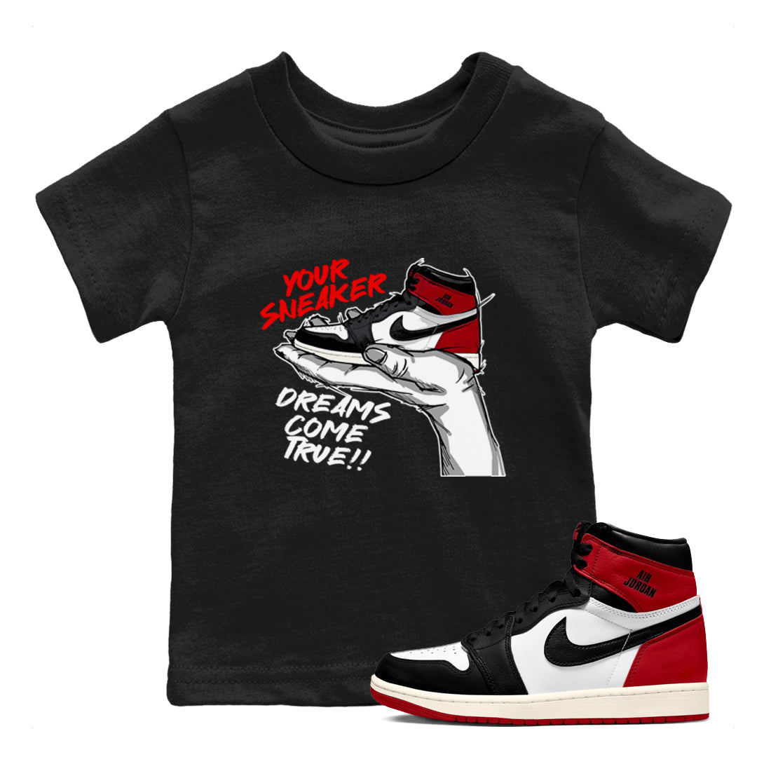 1s Black Toe Reimagined shirts to match jordans Sneaker Dreams sneaker match tees Air Jordan 1 High OG Black Toe Reimagined match shoes to clothes Drip Gear Zone Youth Baby Black 1 tee