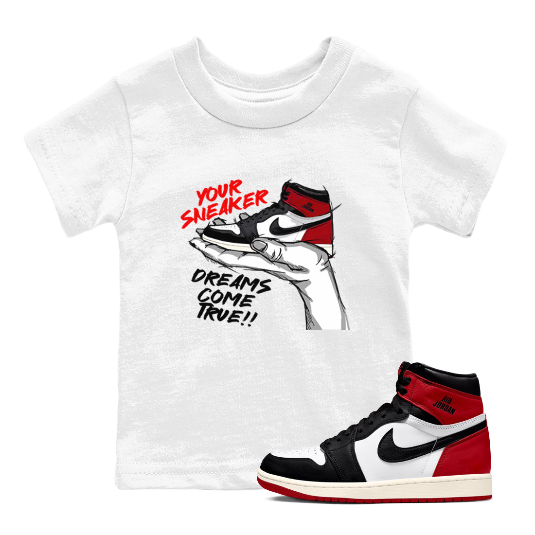1s Black Toe Reimagined shirts to match jordans Sneaker Dreams sneaker match tees Air Jordan 1 High OG Black Toe Reimagined match shoes to clothes Drip Gear Zone Youth Baby White 1 tee