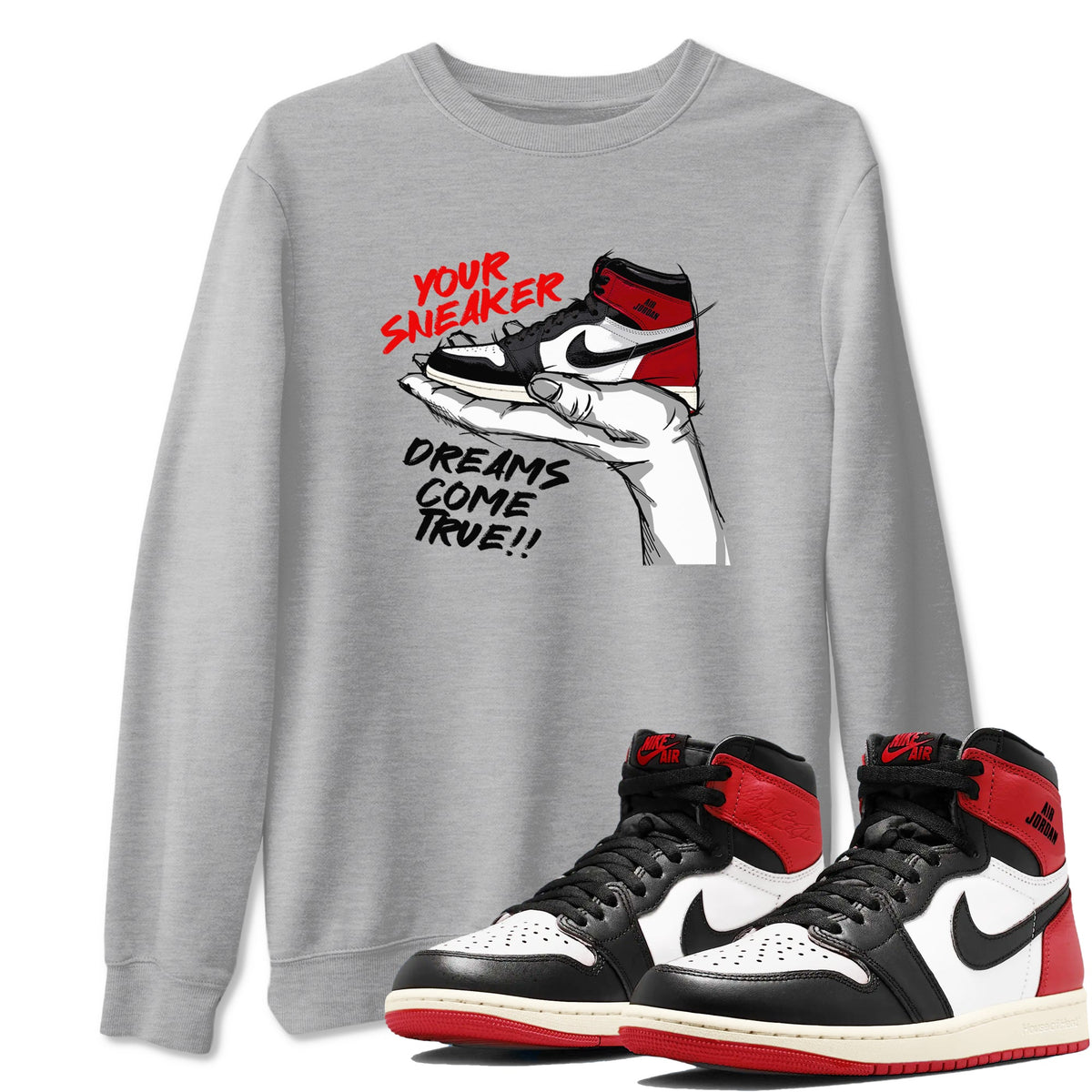 1s Black Toe Reimagined shirts to match jordans Sneaker Dreams sneaker match tees Air Jordan 1 High OG Black Toe Reimagined match shoes to clothes Drip Gear Zone unisex cotton Heather Grey 1 shirts