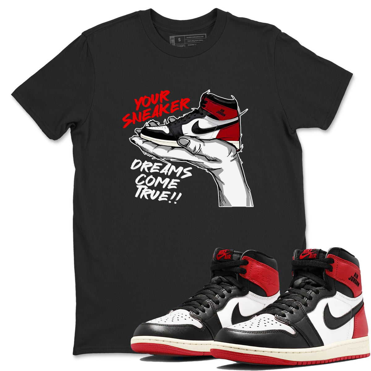 1s Black Toe Reimagined shirts to match jordans Sneaker Dreams sneaker match tees Air Jordan 1 High OG Black Toe Reimagined match shoes to clothes Drip Gear Zone unisex cotton Black 1 shirts