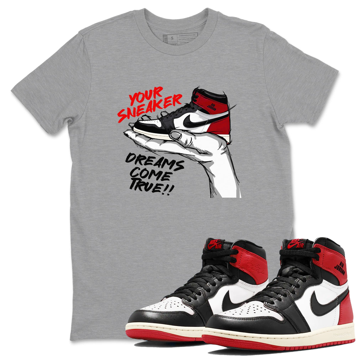 1s Black Toe Reimagined shirts to match jordans Sneaker Dreams sneaker match tees Air Jordan 1 High OG Black Toe Reimagined match shoes to clothes Drip Gear Zone unisex cotton Heather Grey 1 shirts