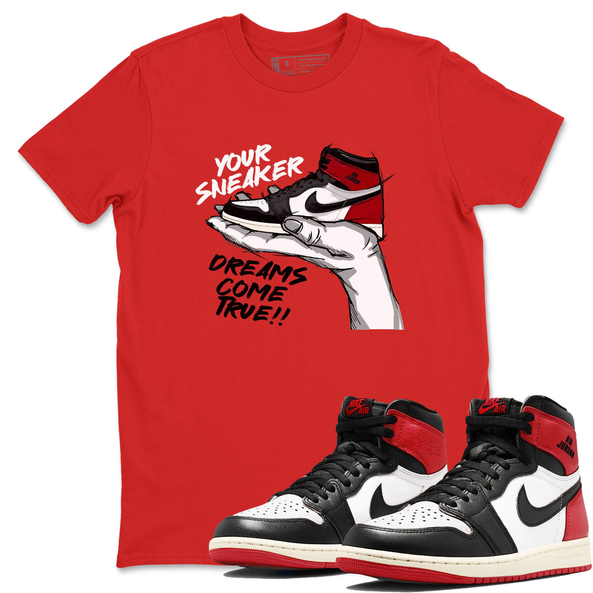 1s Black Toe Reimagined shirts to match jordans Sneaker Dreams sneaker match tees Air Jordan 1 High OG Black Toe Reimagined match shoes to clothes Drip Gear Zone unisex cotton Red 1 shirts