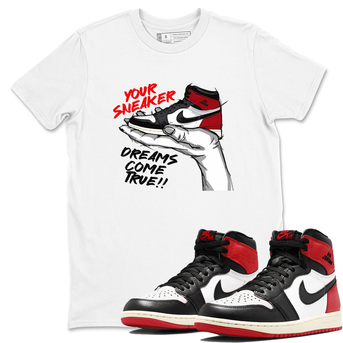 1s Black Toe Reimagined shirts to match jordans Sneaker Dreams sneaker match tees Air Jordan 1 High OG Black Toe Reimagined match shoes to clothes Drip Gear Zone unisex cotton White 1 shirts