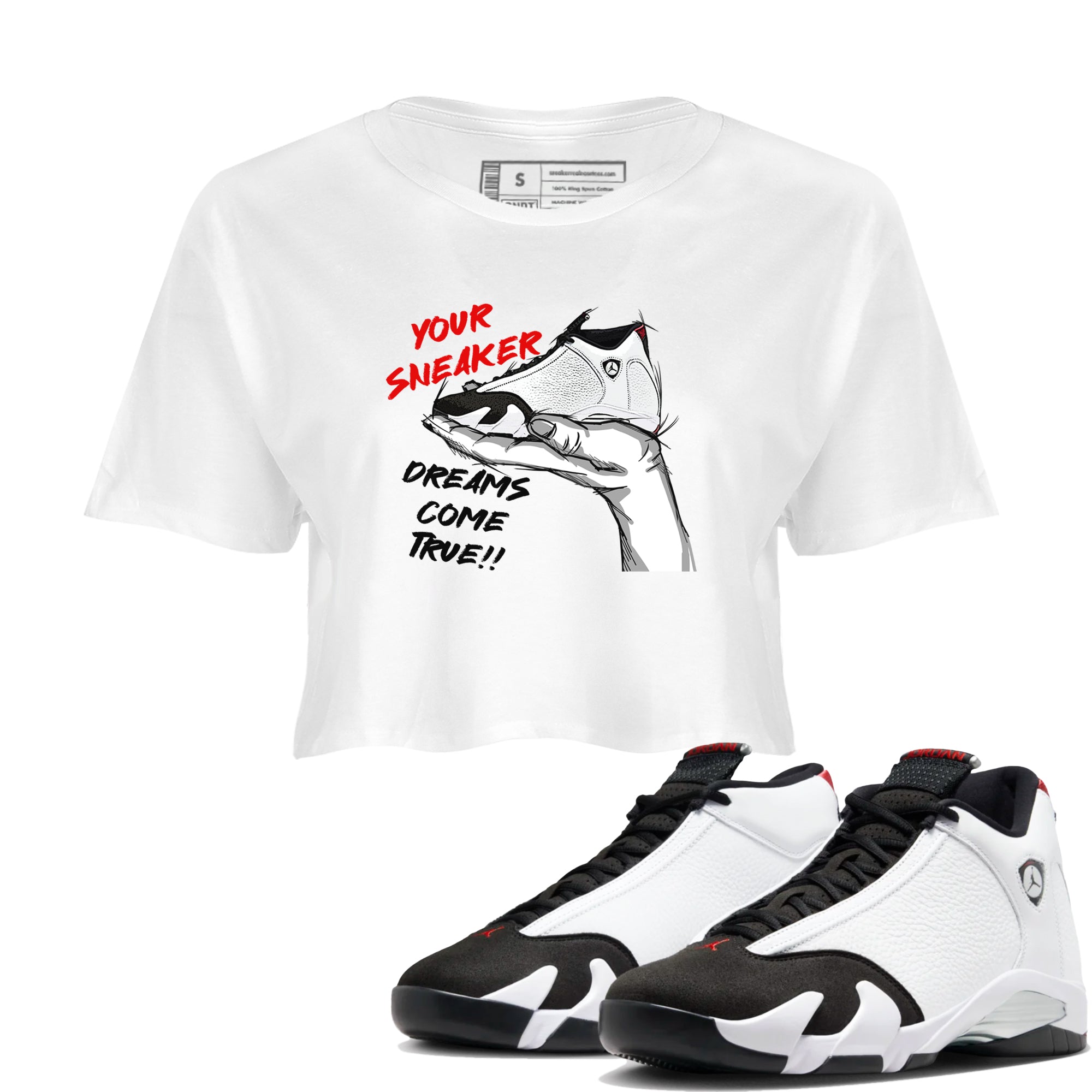 Jordan 14 Retro Black Toe t shirts to match sneakers Sneaker Dreams sneaker match tees 14s Black Toe sneaker match tee Drip Gear Zone unisex cotton White 1 crop tee