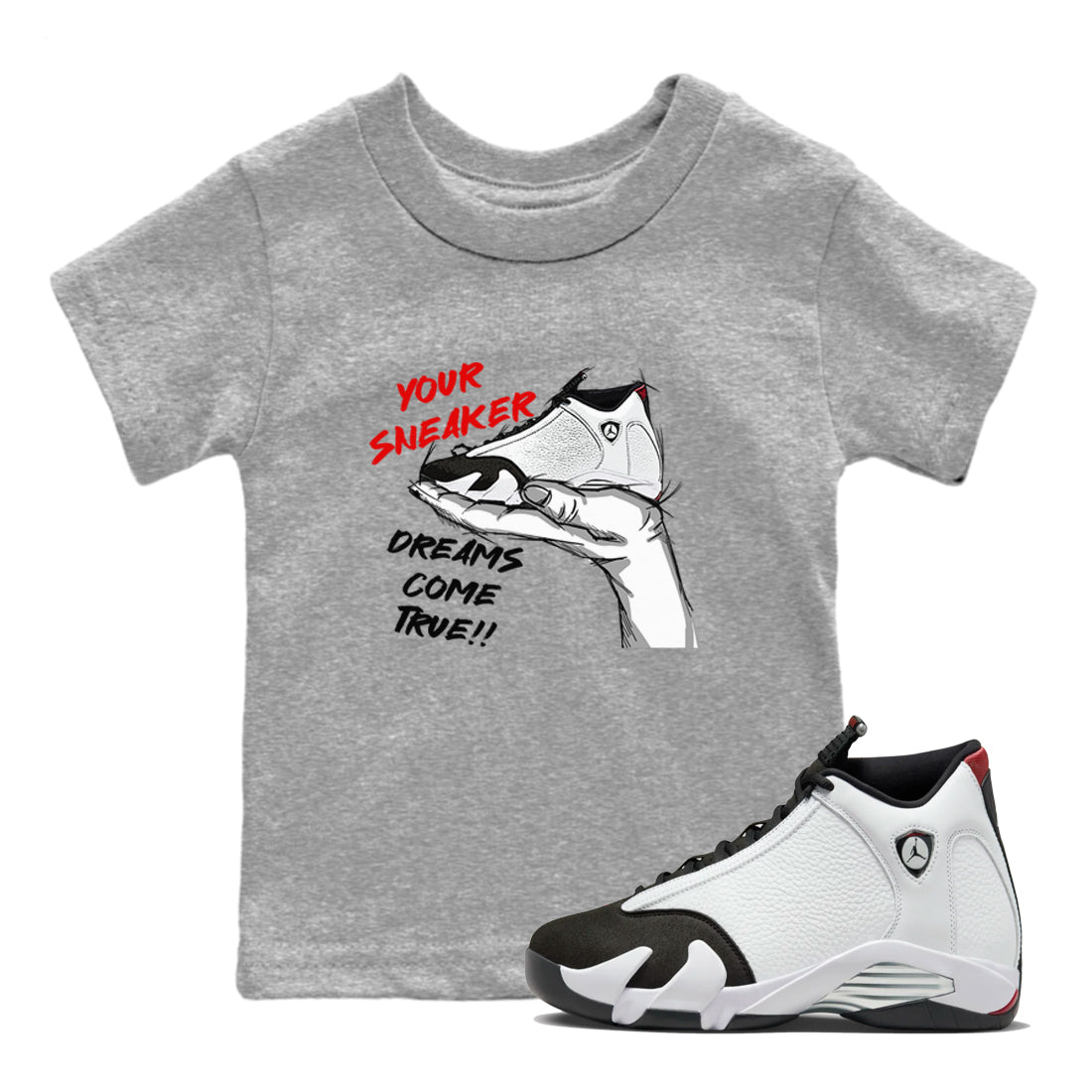 Jordan 14 Retro Black Toe t shirts to match sneakers Sneaker Dreams sneaker match tees 14s Black Toe sneaker match tee Drip Gear Zone Youth Baby Heather Grey 1 tee