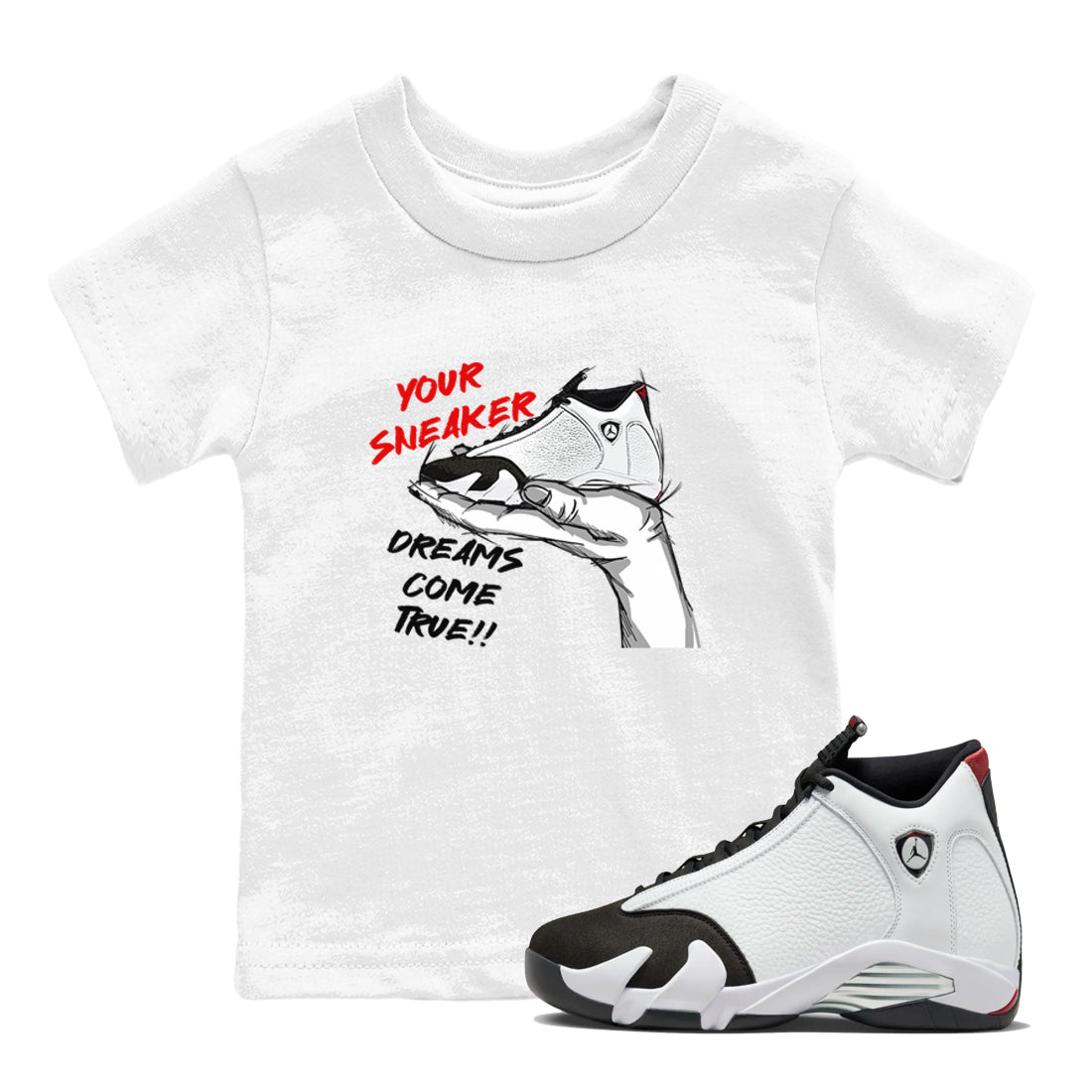 Jordan 14 Retro Black Toe t shirts to match sneakers Sneaker Dreams sneaker match tees 14s Black Toe sneaker match tee Drip Gear Zone Youth Baby White 1 tee
