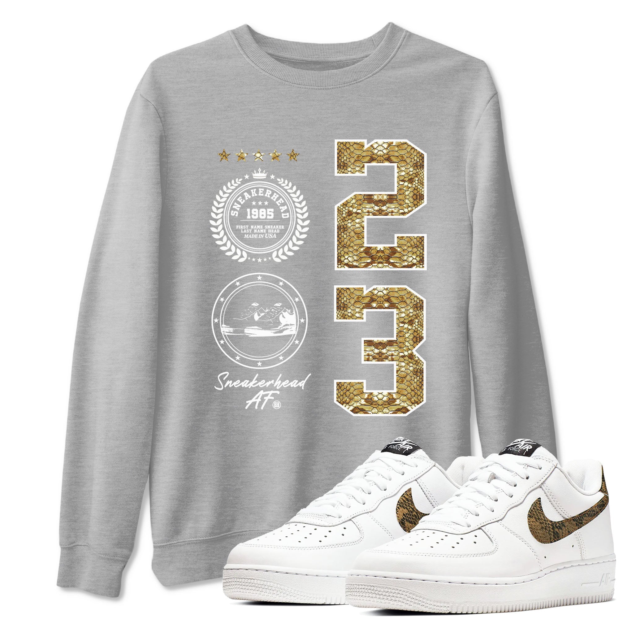 Air Force 1 Ivory Snake shirt to match jordans Sneaker Emblem sneaker tees Air Force 1 Ivory Snake Drip Gear Zone unisex cotton Heather Grey 1 crew neck shirt