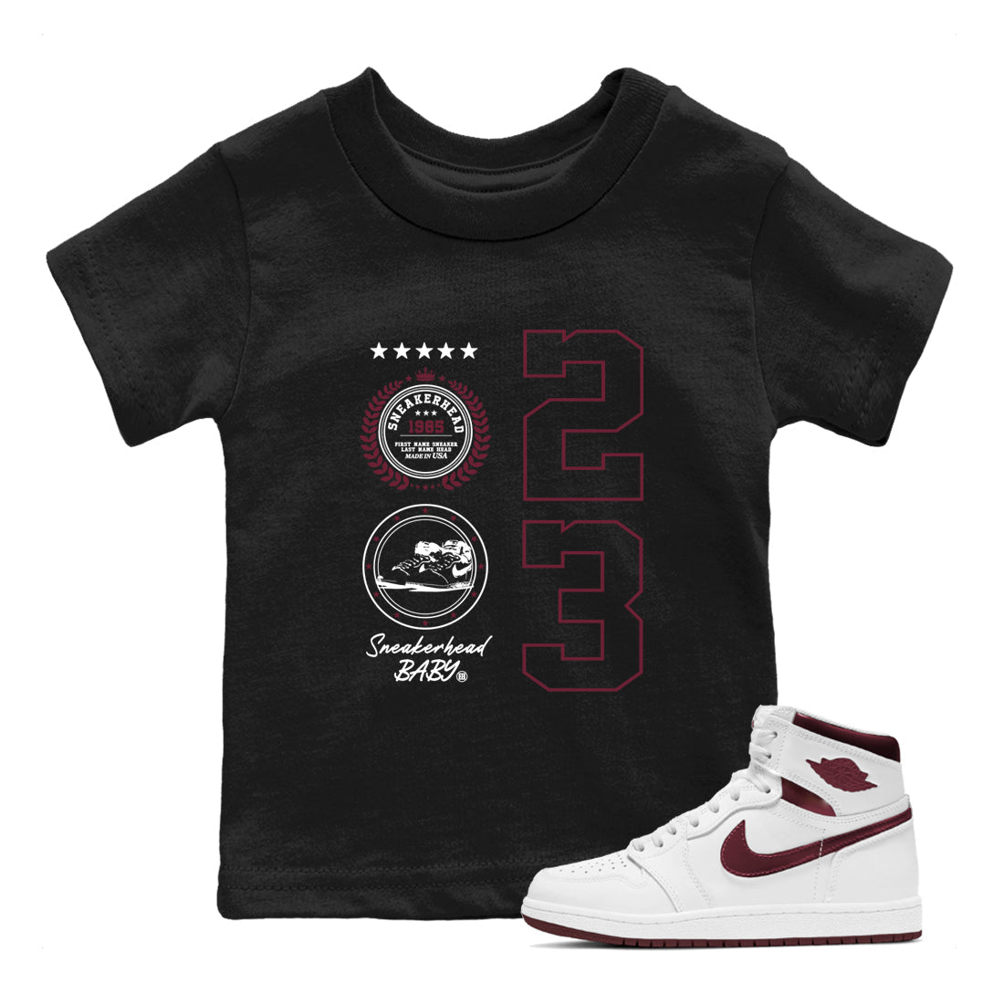 Air Jordan 1 High OG Metallic Burgundy shirts to match jordans Sneaker Emblem sneaker match tees Air Jordan 1 Metallic Burgundy Drip Gear Zone streetwear brand Baby and Youth Black 1 cotton tee