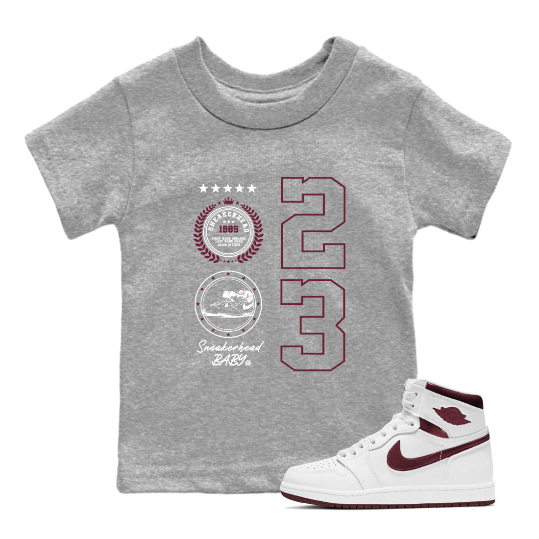 Air Jordan 1 High OG Metallic Burgundy shirts to match jordans Sneaker Emblem sneaker match tees Air Jordan 1 Metallic Burgundy Drip Gear Zone streetwear brand Baby and Youth Heather Grey 1 cotton tee