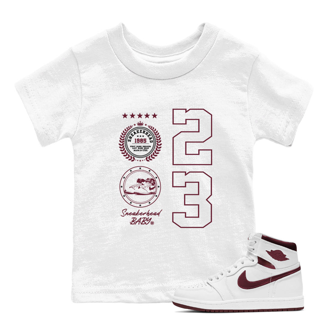 Air Jordan 1 High OG Metallic Burgundy shirts to match jordans Sneaker Emblem sneaker match tees Air Jordan 1 Metallic Burgundy Drip Gear Zone streetwear brand Baby and Youth White 1 cotton tee
