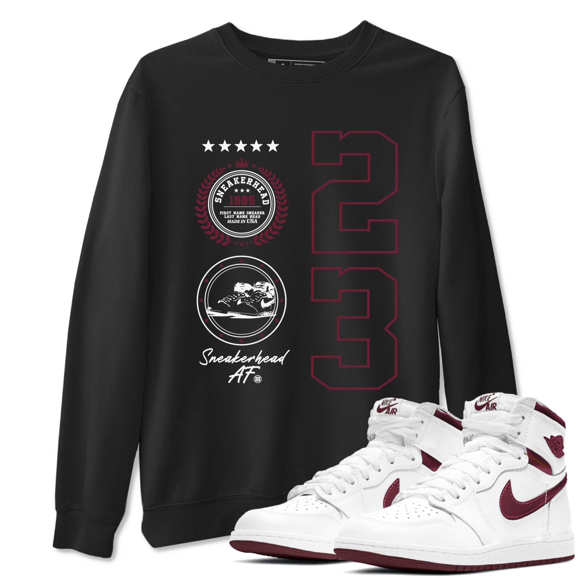 Air Jordan 1 High OG Metallic Burgundy shirts to match jordans Sneaker Emblem sneaker match tees Air Jordan 1 Metallic Burgundy Drip Gear Zone streetwear brand Black 1 unisex cotton tee