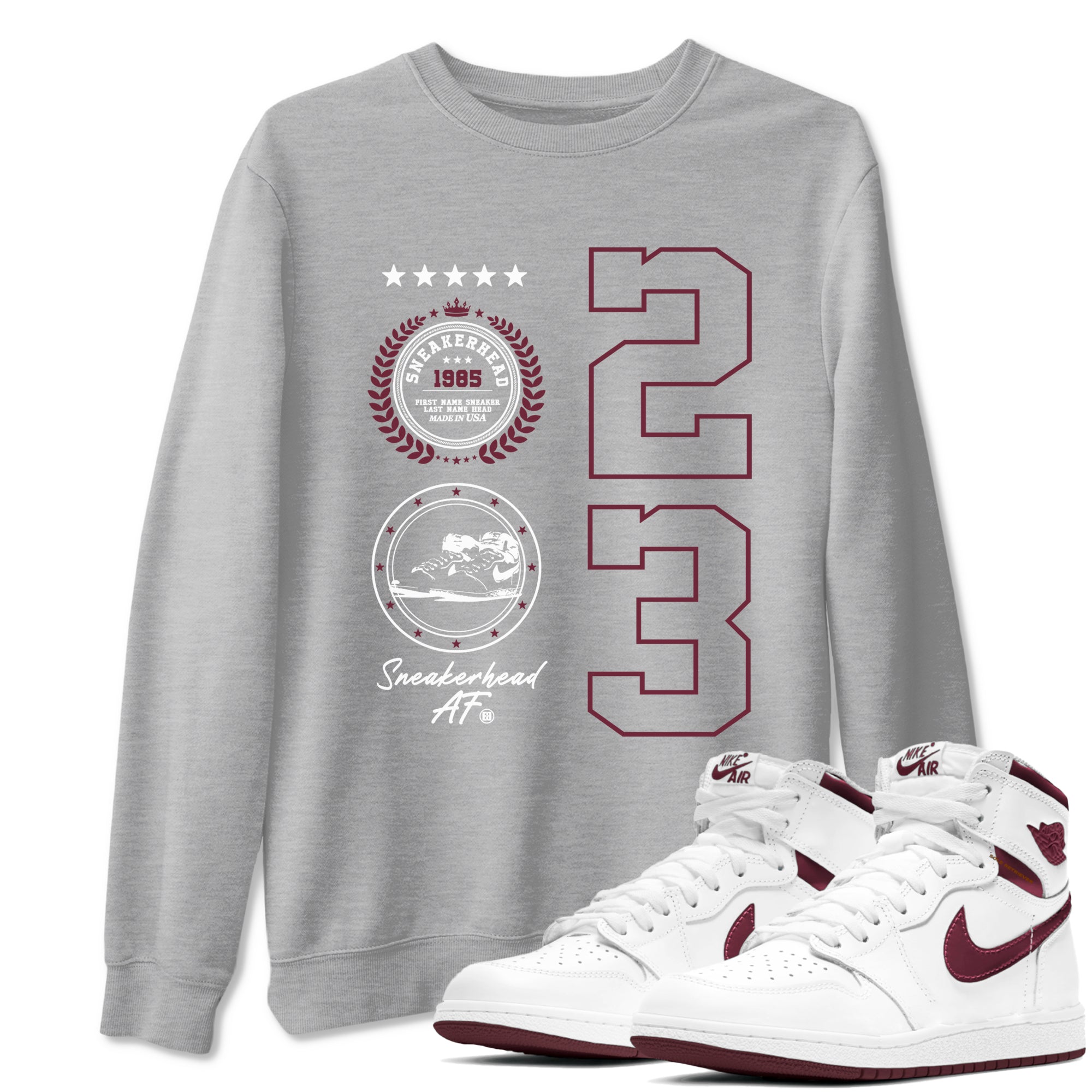 Air Jordan 1 High OG Metallic Burgundy shirts to match jordans Sneaker Emblem sneaker match tees Air Jordan 1 Metallic Burgundy Drip Gear Zone streetwear brand Heather Grey 1 unisex cotton tee