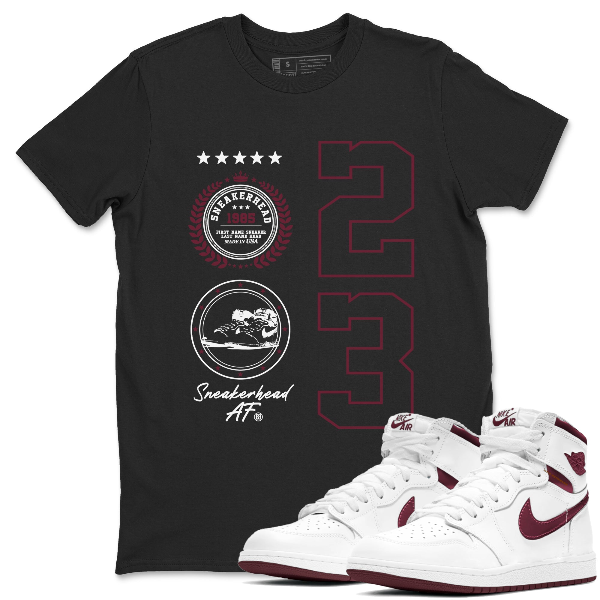 Air Jordan 1 High OG Metallic Burgundy shirts to match jordans Sneaker Emblem sneaker match tees Air Jordan 1 Metallic Burgundy Drip Gear Zone streetwear brand Black 1 unisex cotton tee