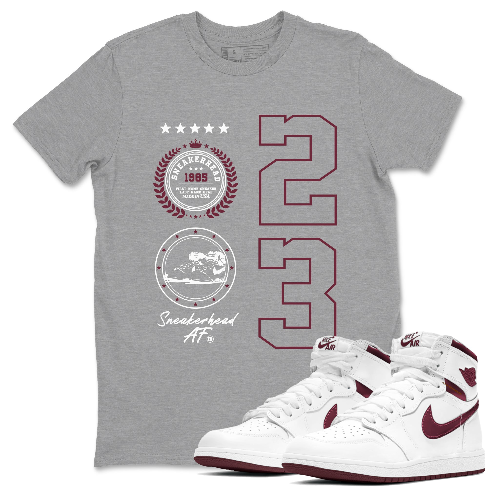Air Jordan 1 High OG Metallic Burgundy shirts to match jordans Sneaker Emblem sneaker match tees Air Jordan 1 Metallic Burgundy Drip Gear Zone streetwear brand Heather Grey 1 unisex cotton tee