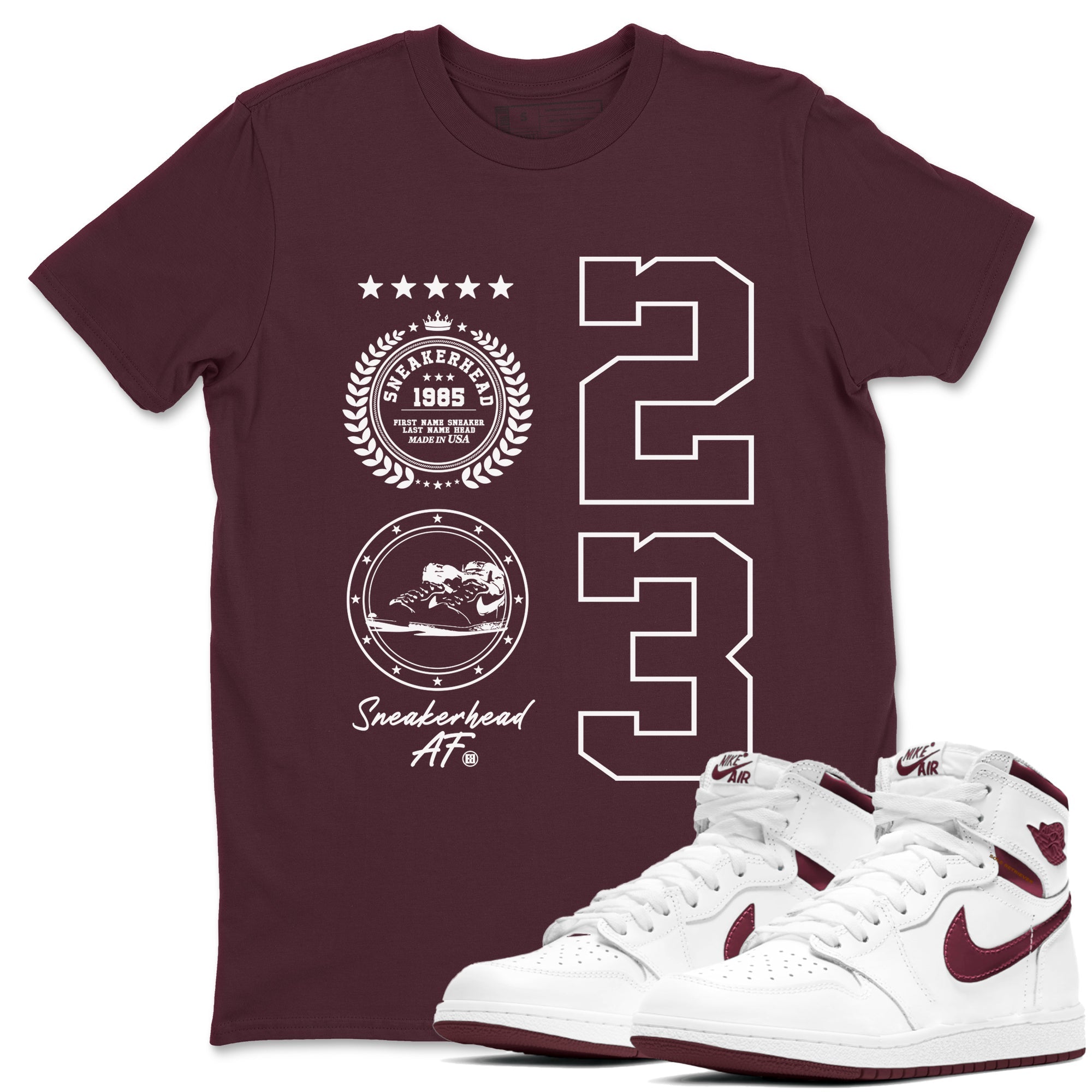 Air Jordan 1 High OG Metallic Burgundy shirts to match jordans Sneaker Emblem sneaker match tees Air Jordan 1 Metallic Burgundy Drip Gear Zone streetwear brand Maroon 1 unisex cotton tee