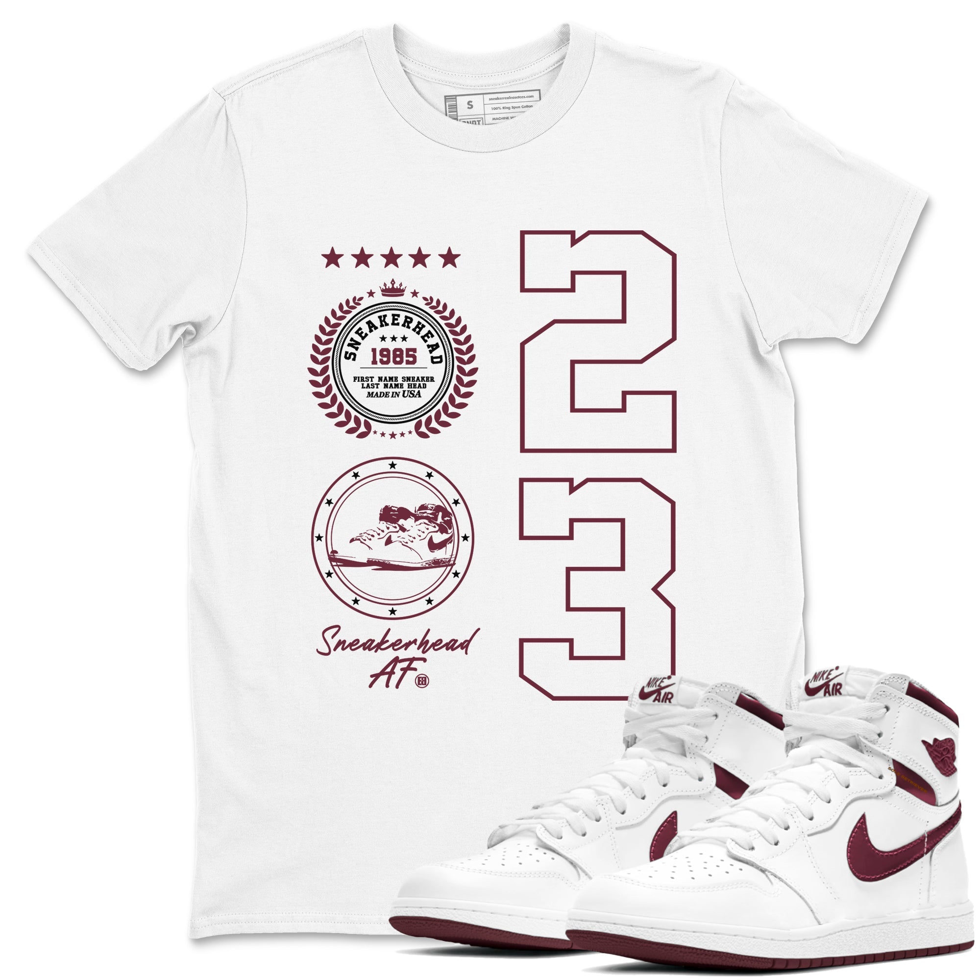 Air Jordan 1 High OG Metallic Burgundy shirts to match jordans Sneaker Emblem sneaker match tees Air Jordan 1 Metallic Burgundy Drip Gear Zone streetwear brand White 1 unisex cotton tee