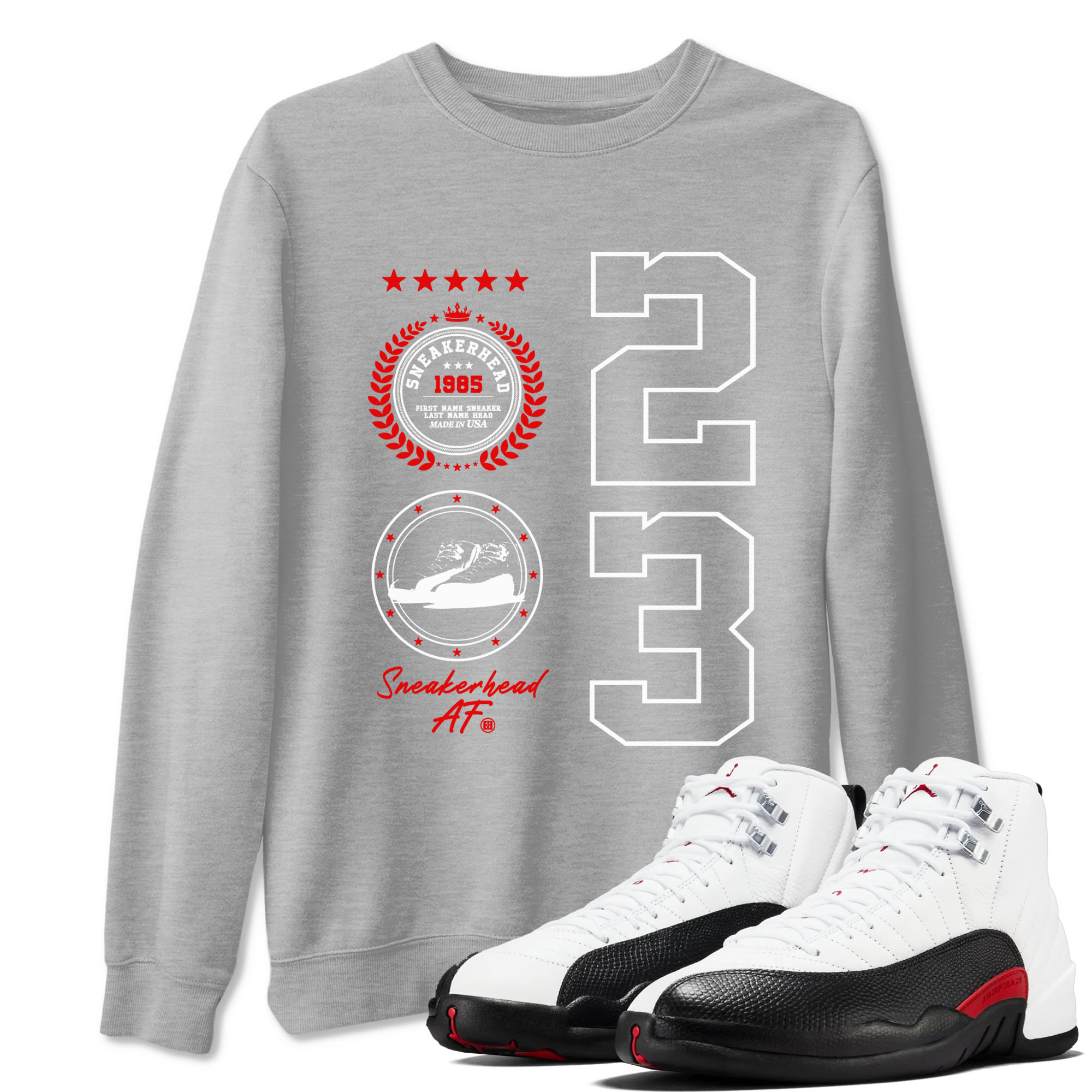Air Jordan 1 Taxi Flip shirts to match jordans Sneaker Emblem sneaker match tees Air Jordan 1 Taxi Flip Drip Gear Zone unisex cotton Heather Grey 1 crew neck shirt