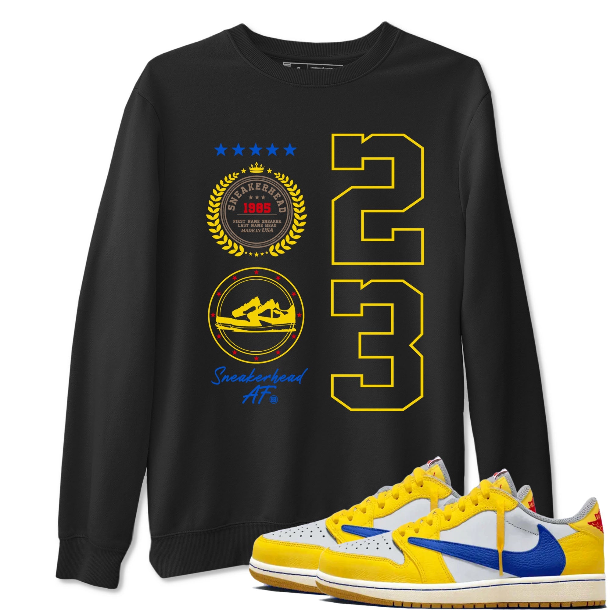 Air Jordan 1 Low x Travis Scott x Canary shirt to match jordans Sneaker Emblem sneaker tees AJ1 Travis Scott Canary Streetwear Brand Drip Gear Zone unisex cotton Black 1 crew neck shirt