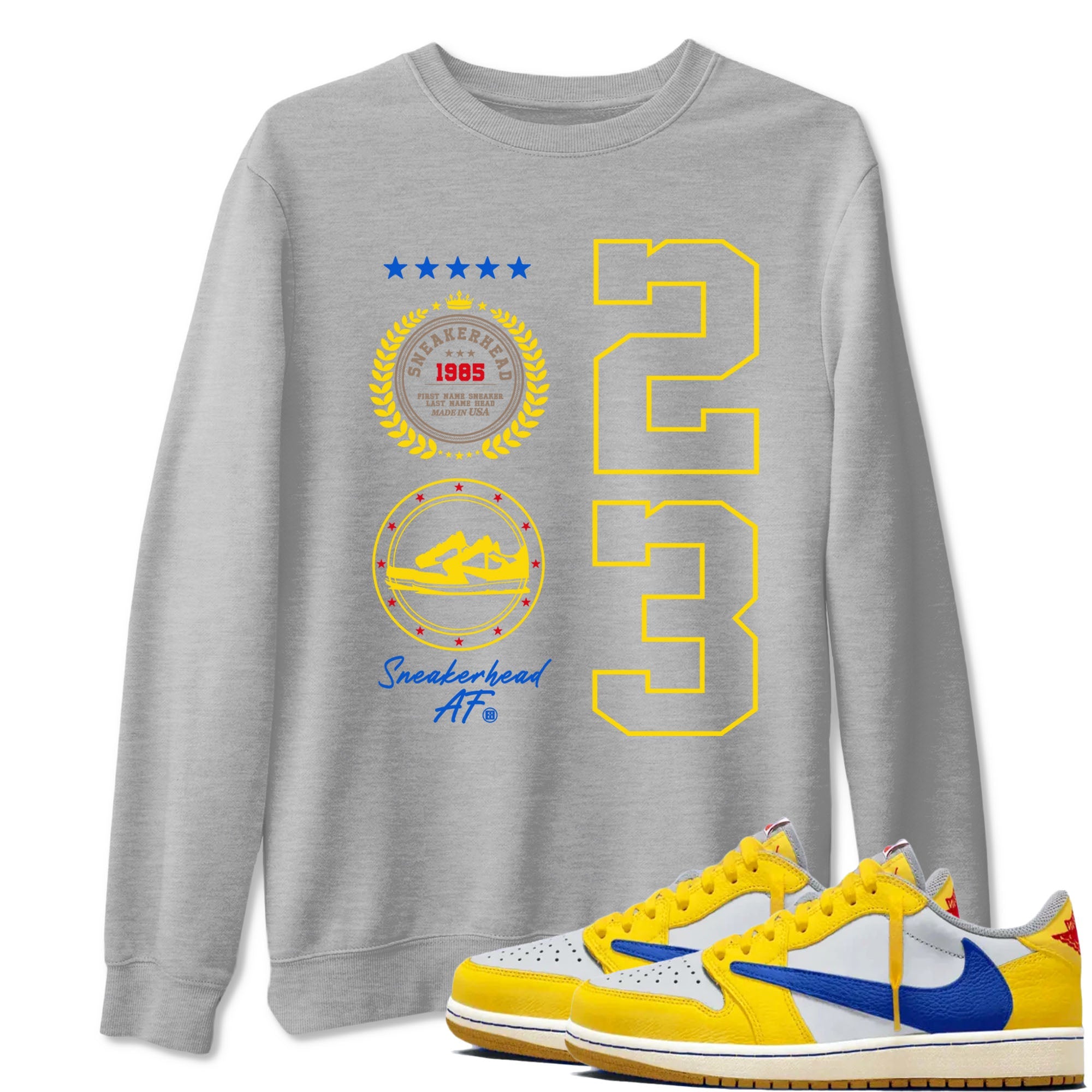 Air Jordan 1 Low x Travis Scott x Canary shirt to match jordans Sneaker Emblem sneaker tees AJ1 Travis Scott Canary Streetwear Brand Drip Gear Zone unisex cotton Heather Grey 1 crew neck shirt