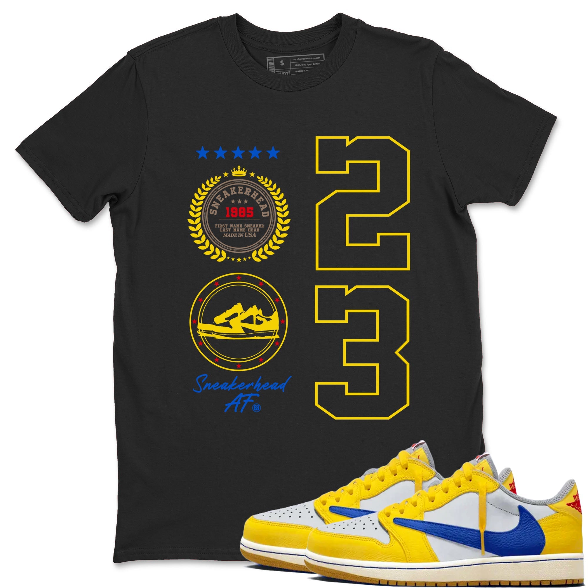 Air Jordan 1 Low x Travis Scott x Canary shirt to match jordans Sneaker Emblem sneaker tees AJ1 Travis Scott Canary Streetwear Brand Drip Gear Zone unisex cotton Black 1 crew neck shirt