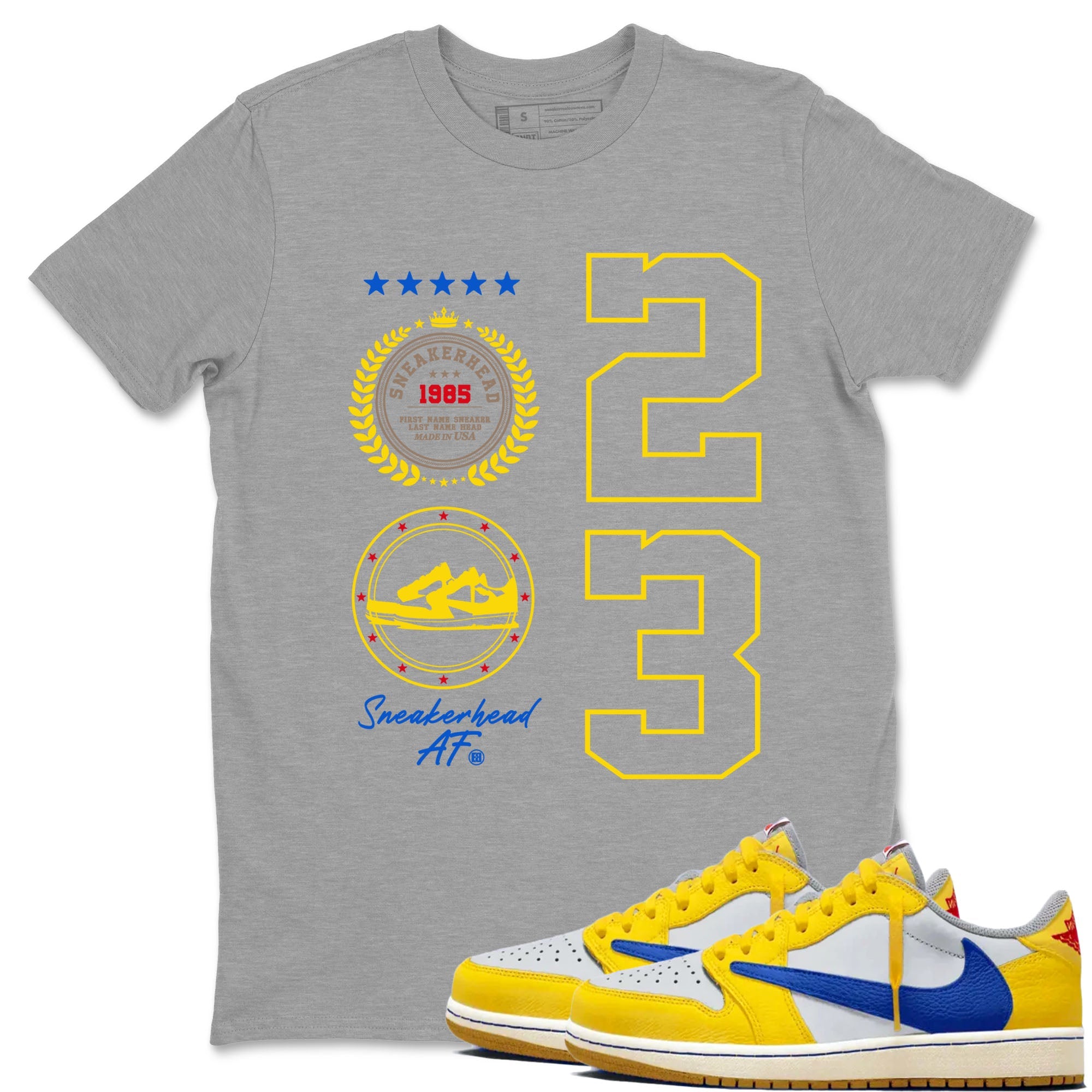 Air Jordan 1 Low x Travis Scott x Canary shirt to match jordans Sneaker Emblem sneaker tees AJ1 Travis Scott Canary Streetwear Brand Drip Gear Zone unisex cotton Heather Grey 1 crew neck shirt