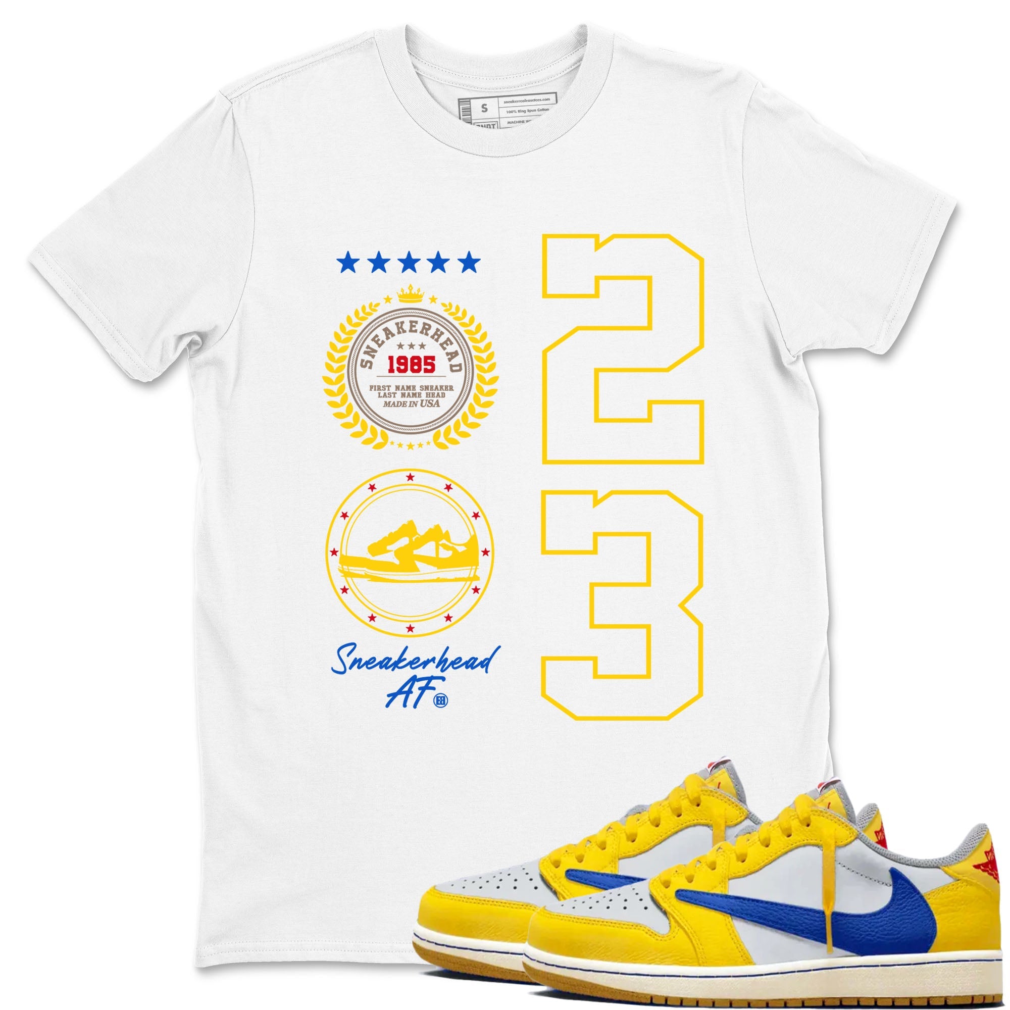 Air Jordan 1 Low x Travis Scott x Canary shirt to match jordans Sneaker Emblem sneaker tees AJ1 Travis Scott Canary Streetwear Brand Drip Gear Zone unisex cotton White 1 crew neck shirt