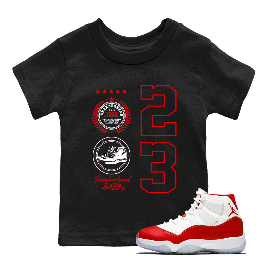 11s Cherry shirts to match jordans Sneaker Emblem sneaker match tees Air Jordan 11 Retro Cherry match shoes to clothes Drip Gear Zone Youth Baby Black 1 tee