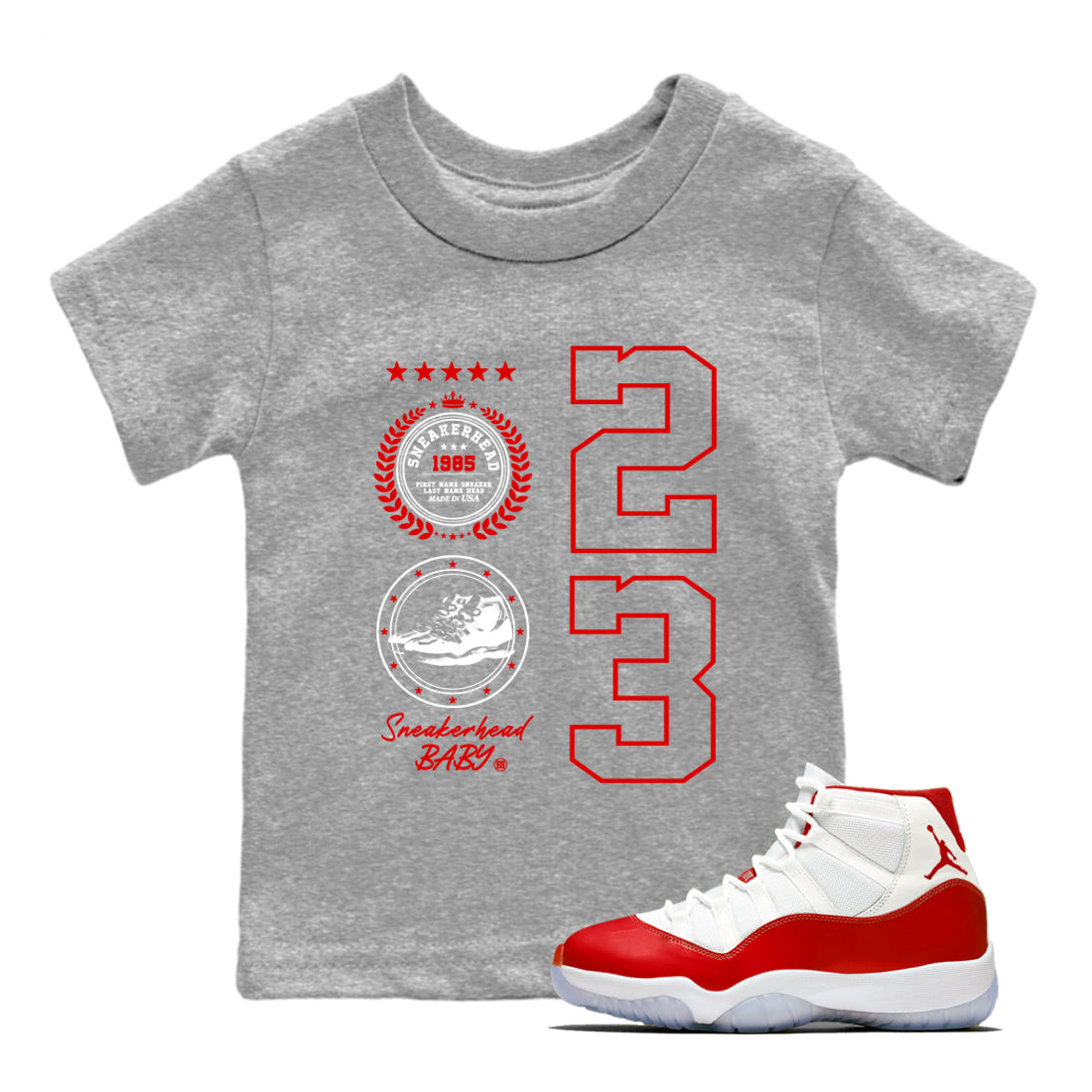 11s Cherry shirts to match jordans Sneaker Emblem sneaker match tees Air Jordan 11 Retro Cherry match shoes to clothes Drip Gear Zone Youth Baby Heather Grey 1 tee