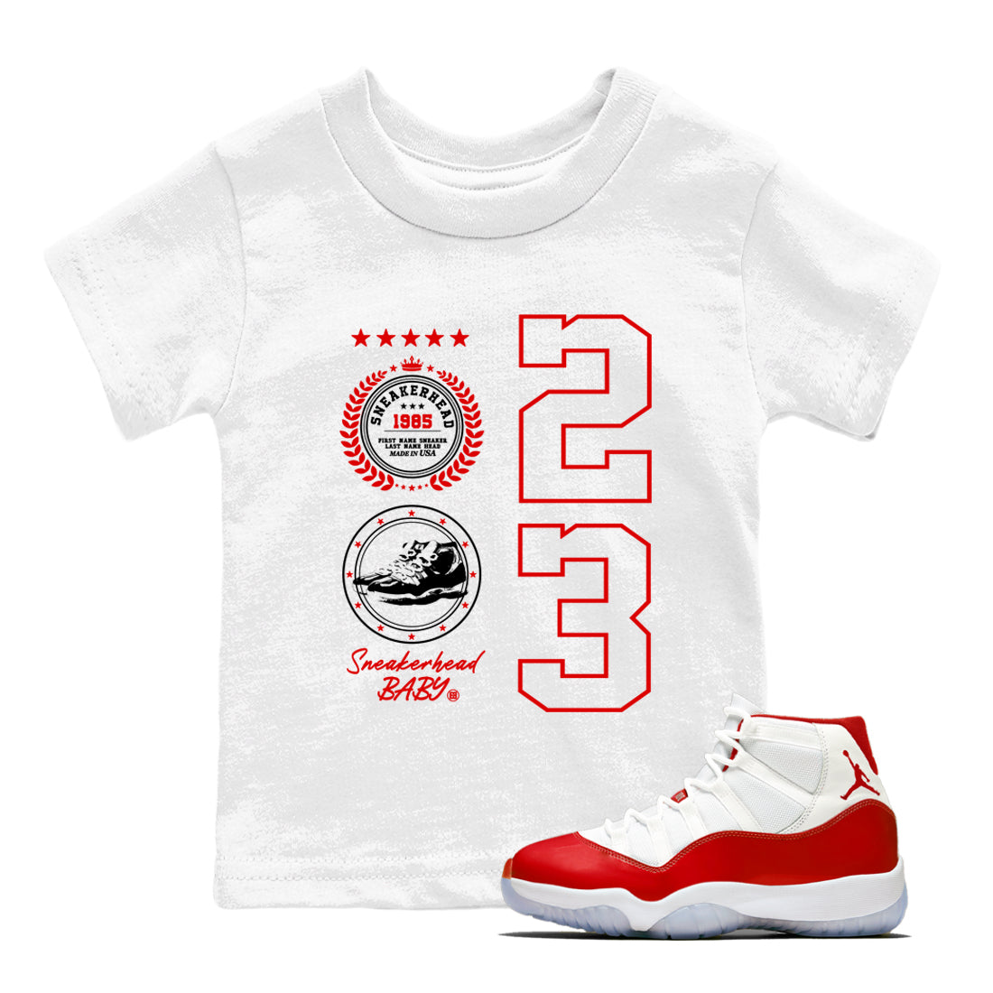 11s Cherry shirts to match jordans Sneaker Emblem sneaker match tees Air Jordan 11 Retro Cherry match shoes to clothes Drip Gear Zone Youth Baby White 1 tee