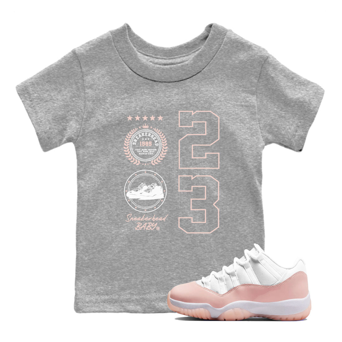 11s Legend Pink shirt to match jordans Sneaker Emblem sneaker tees Air Jordan 11 Legend Pink Drip Gear Zone baby toddler Heather Grey 1 cotton Shirt